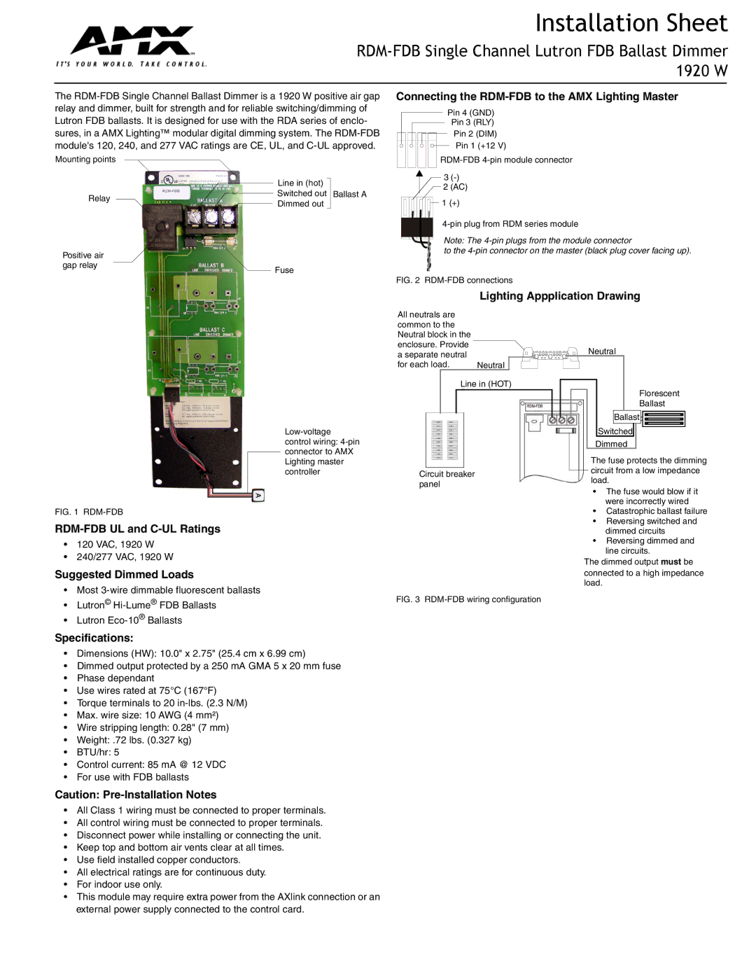 AMX specifications Installation Sheet, RDM-FDB Single Channel Lutron FDB Ballast Dimmer 1920 W 