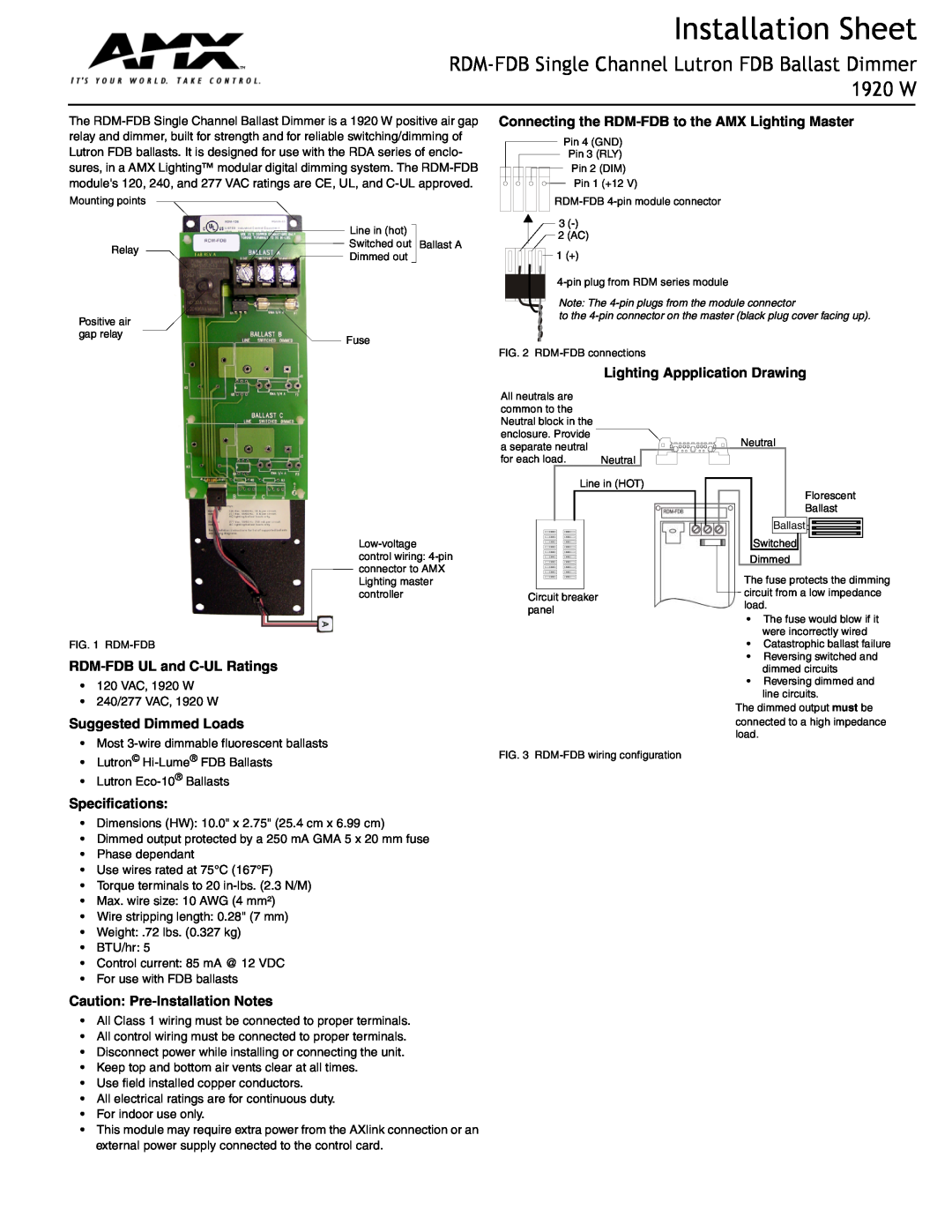 AMX specifications Installation Sheet, RDM-FDB Single Channel Lutron FDB Ballast Dimmer 1920 W, Suggested Dimmed Loads 