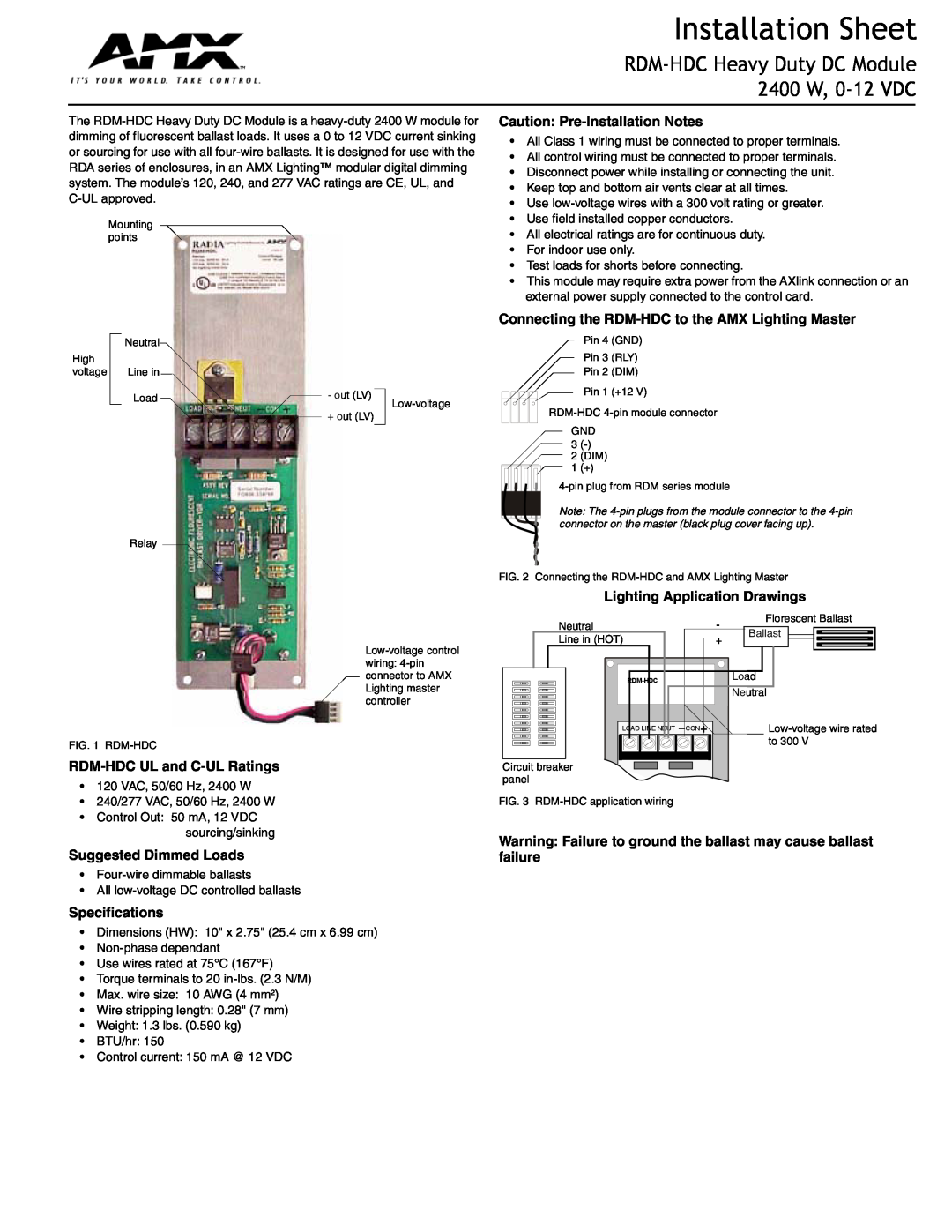 AMX specifications Installation Sheet, RDM-HDC Heavy Duty DC Module 2400 W, 0-12 VDC, Caution Pre-Installation Notes 