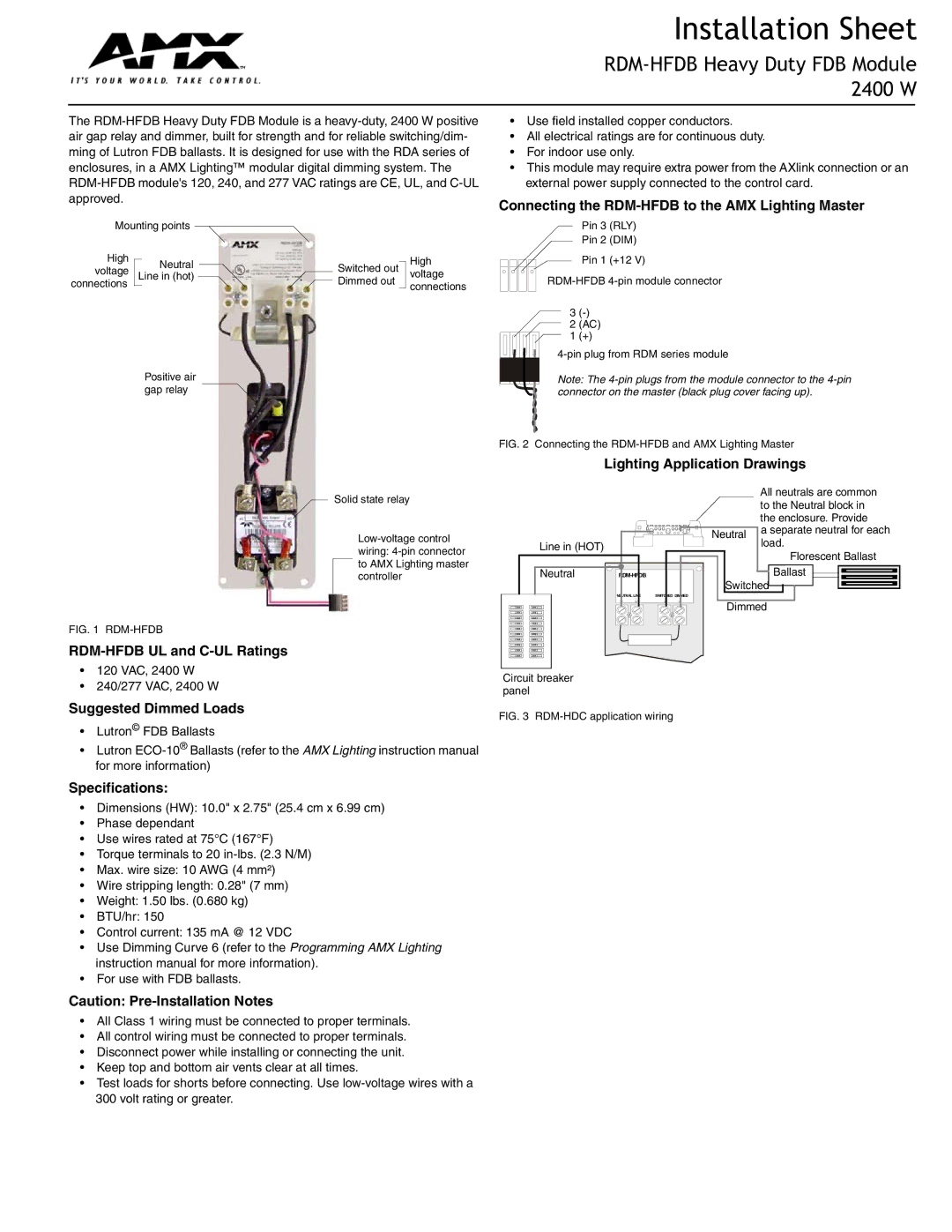 AMX specifications Installation Sheet, RDM-HFDB Heavy Duty FDB Module 2400 W 