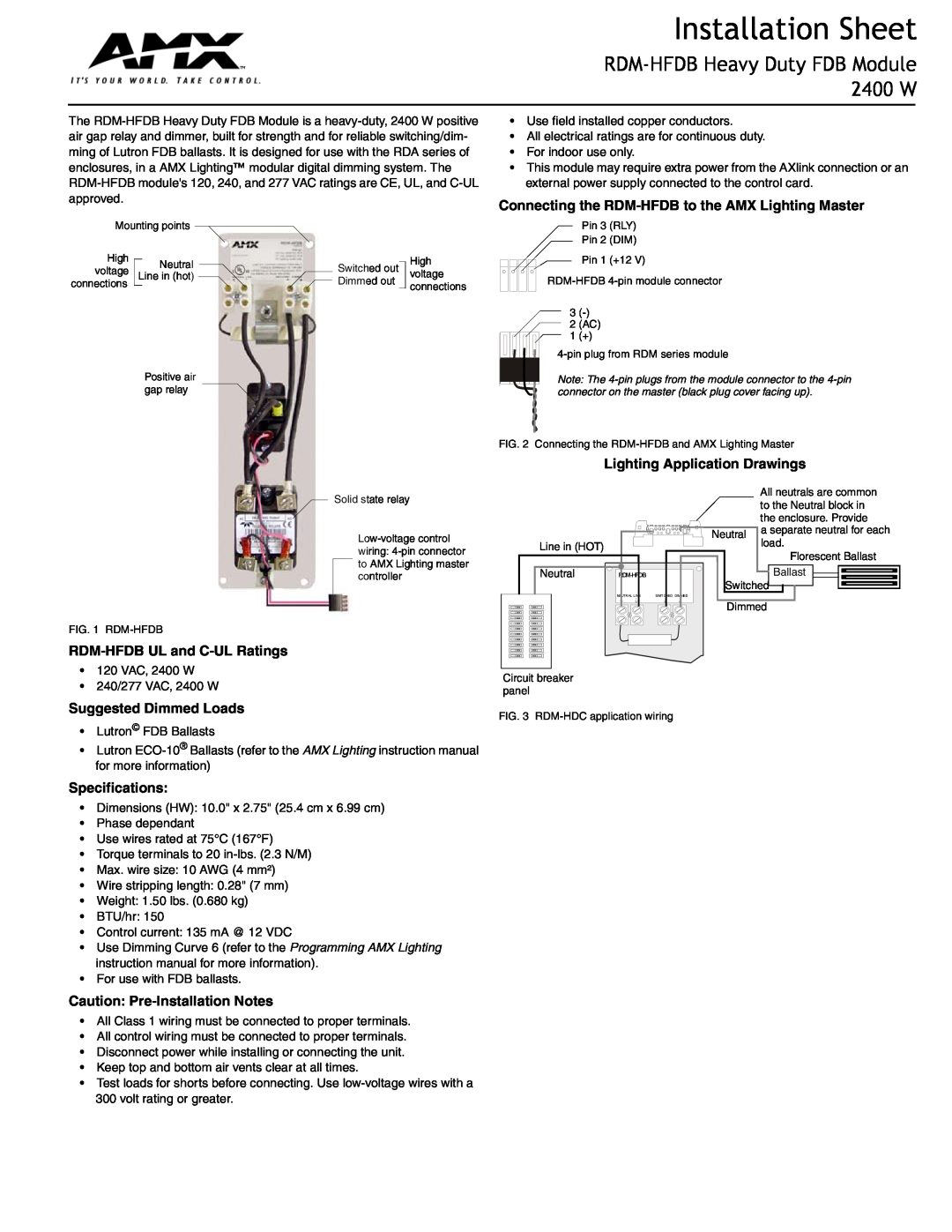 AMX specifications Installation Sheet, RDM-HFDB Heavy Duty FDB Module 2400 W, Lighting Application Drawings 