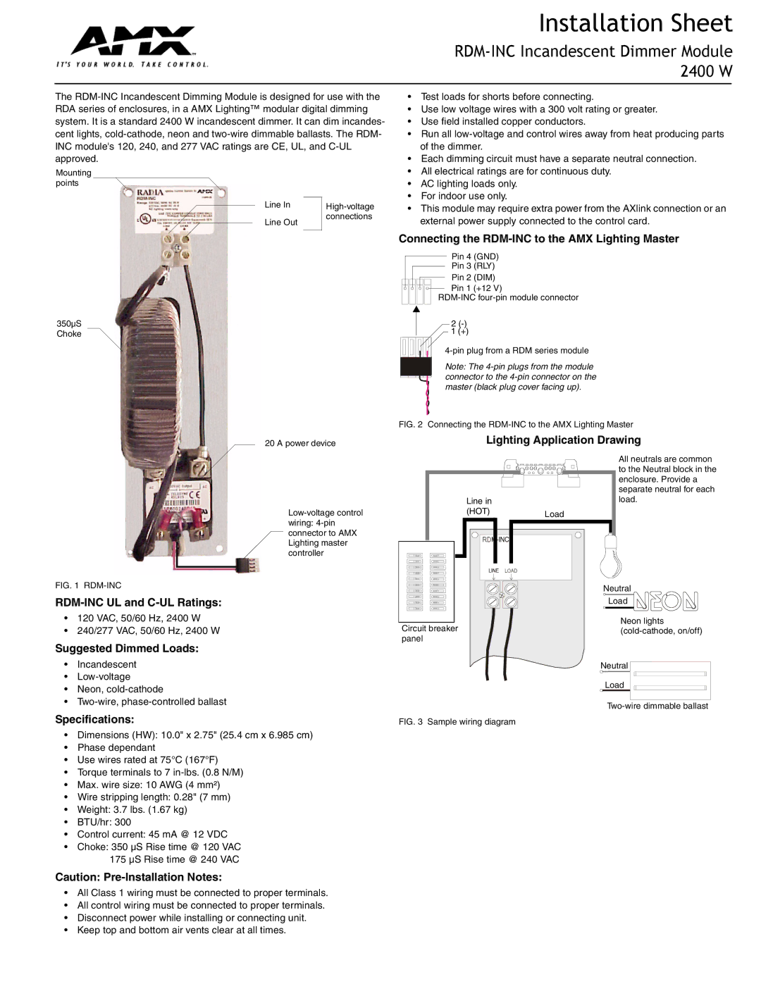 AMX specifications Installation Sheet, RDM-INC Incandescent Dimmer Module 2400 W 