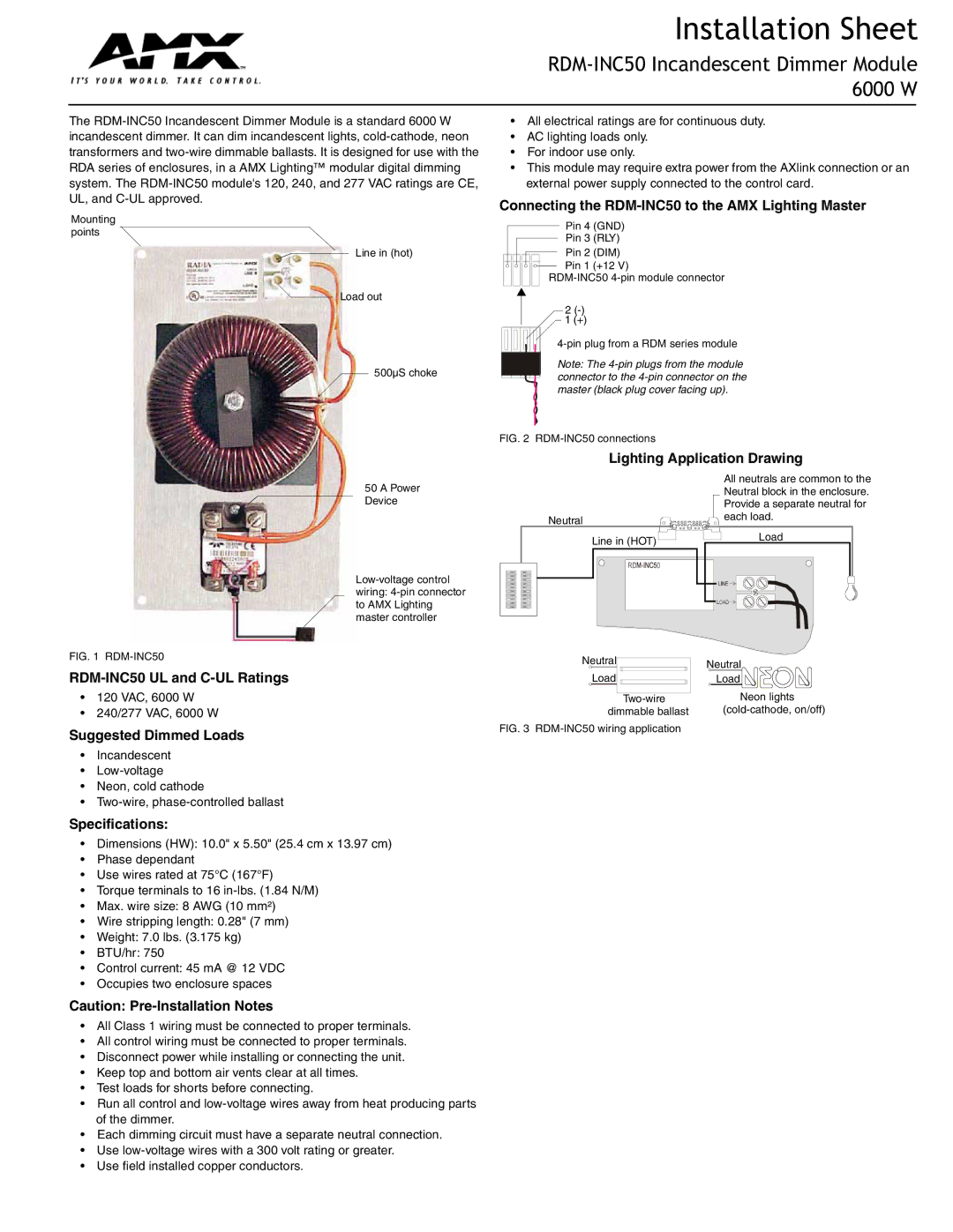 AMX specifications Installation Sheet, RDM-INC50 Incandescent Dimmer Module 6000 W 