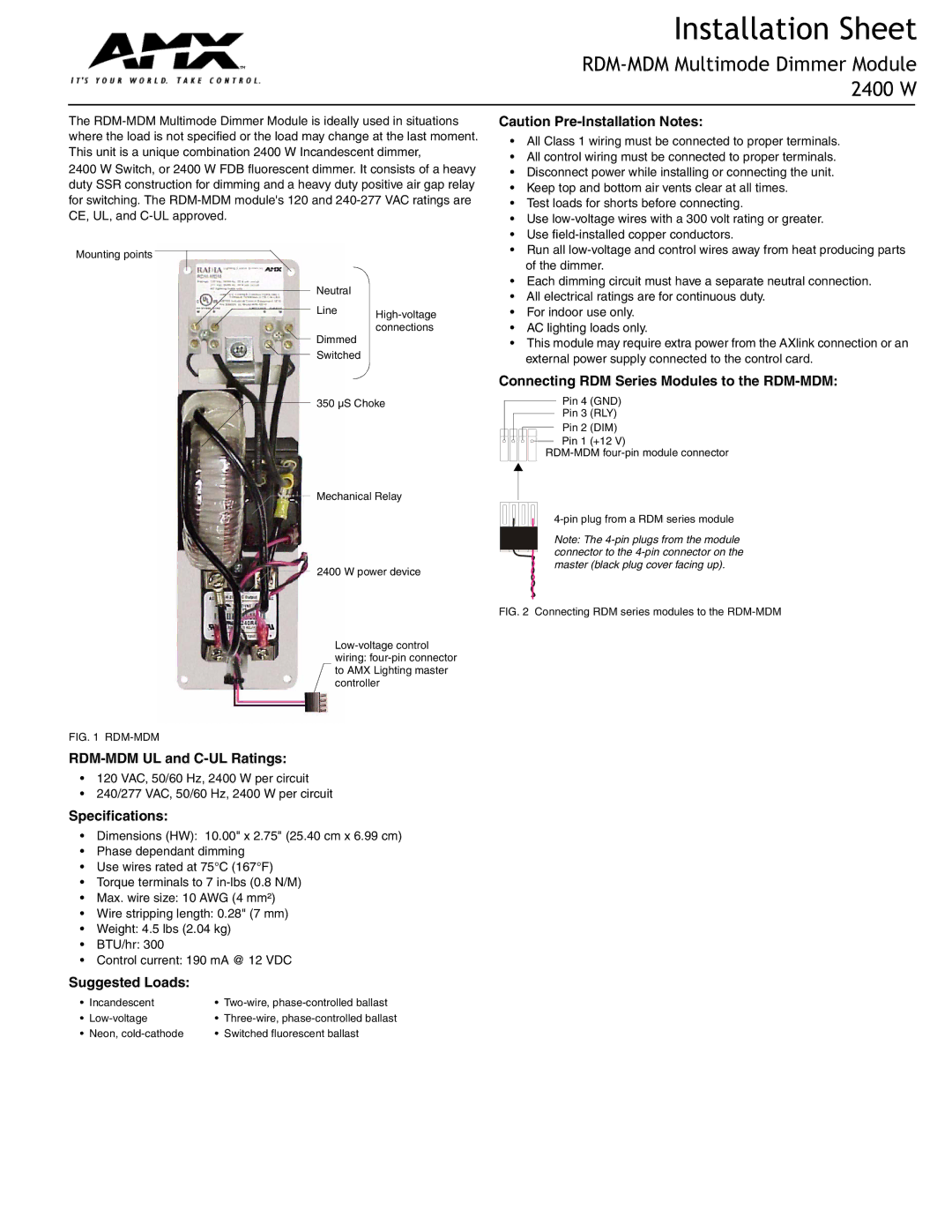 AMX specifications Installation Sheet, RDM-MDM Multimode Dimmer Module 2400 W 