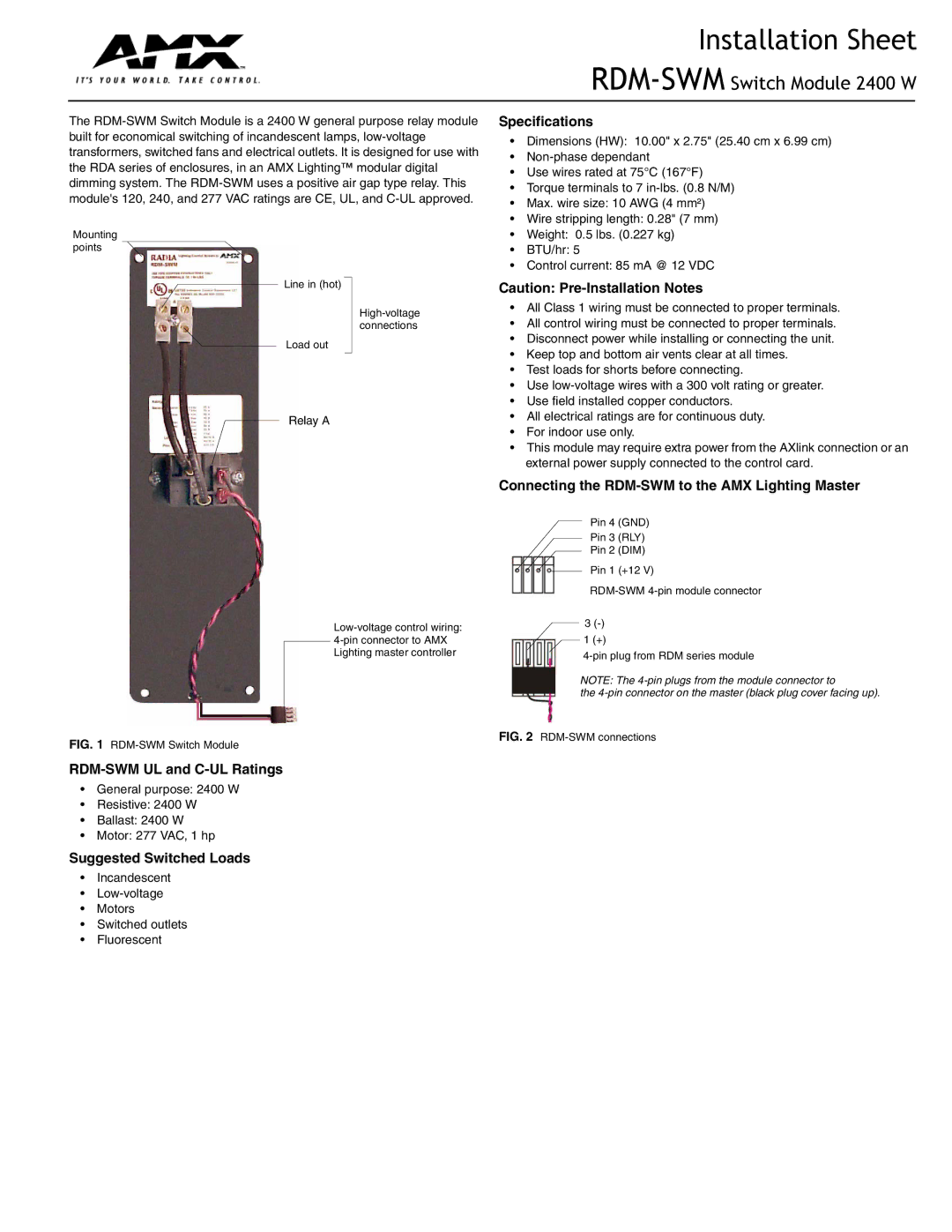 AMX specifications Installation Sheet, RDM-SWMSwitch Module 2400 W 