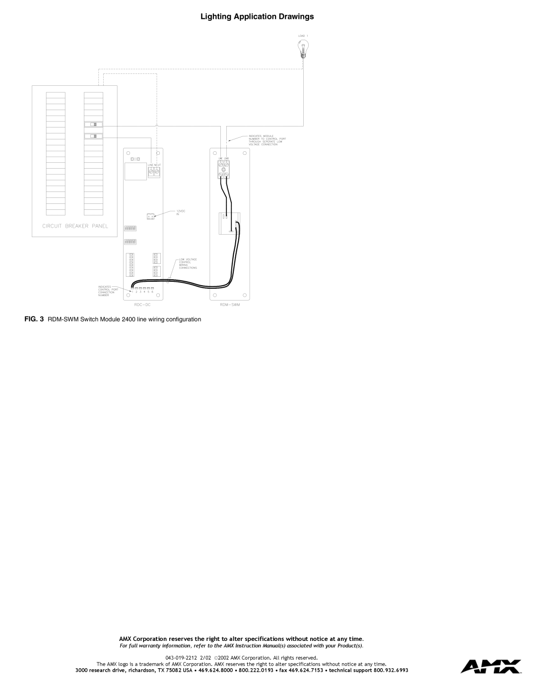 AMX specifications Lighting Application Drawings, RDM-SWM Switch Module 2400 line wiring configuration 