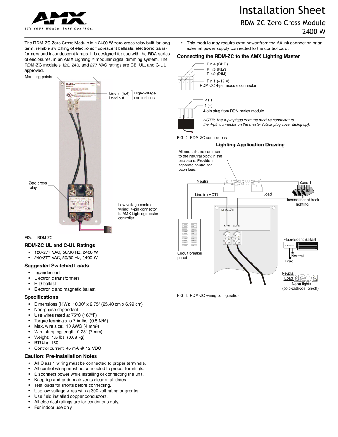 AMX specifications Installation Sheet, RDM-ZC Zero Cross Module 2400 W 