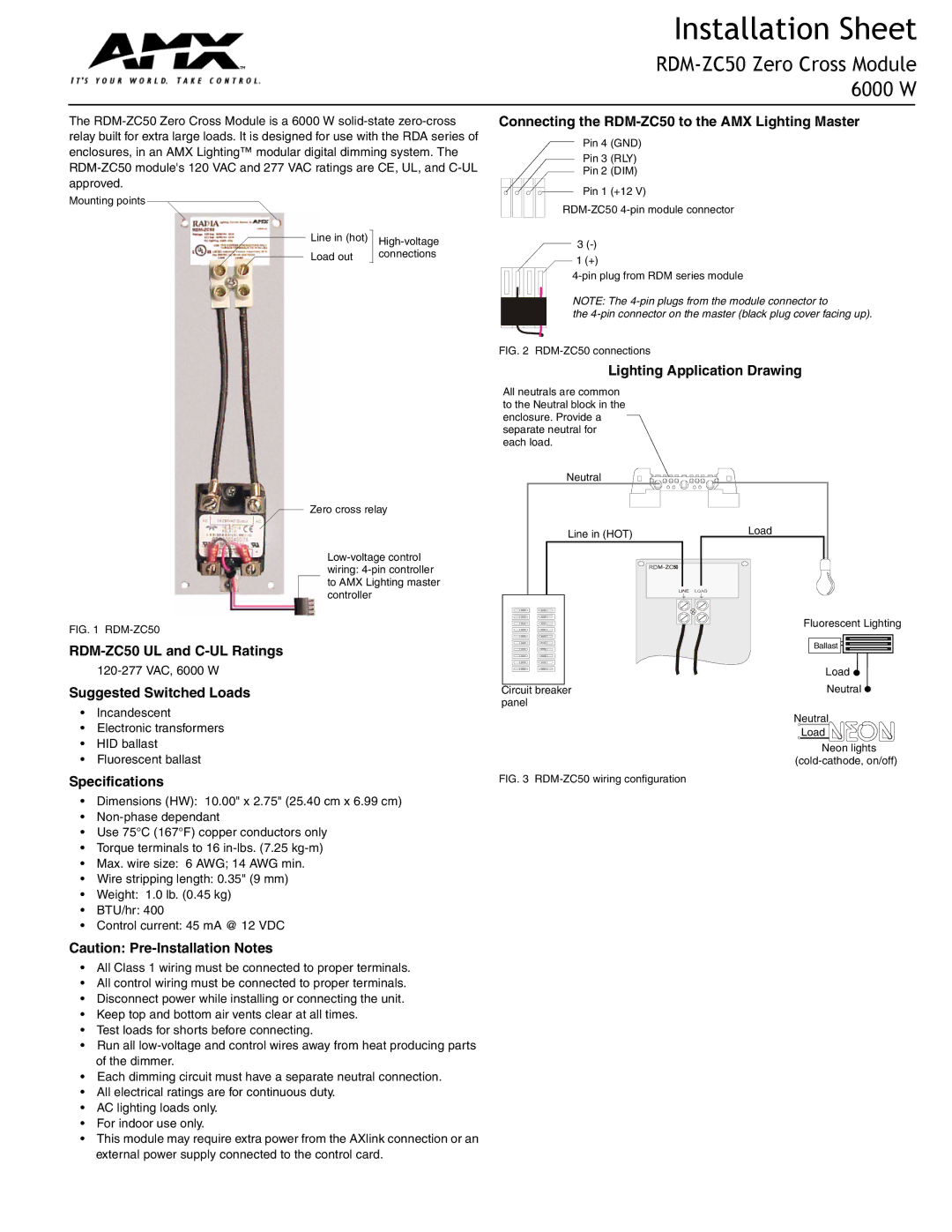 AMX specifications Installation Sheet, RDM-ZC50 Zero Cross Module 6000 W 