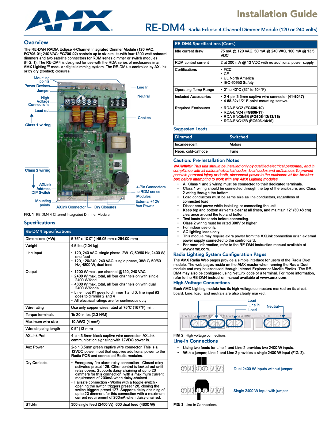 AMX specifications RE-DM4 Radia Eclipse 4-Channel Dimmer Module 120 or 240 volts, Specifications, Line-in Connections 