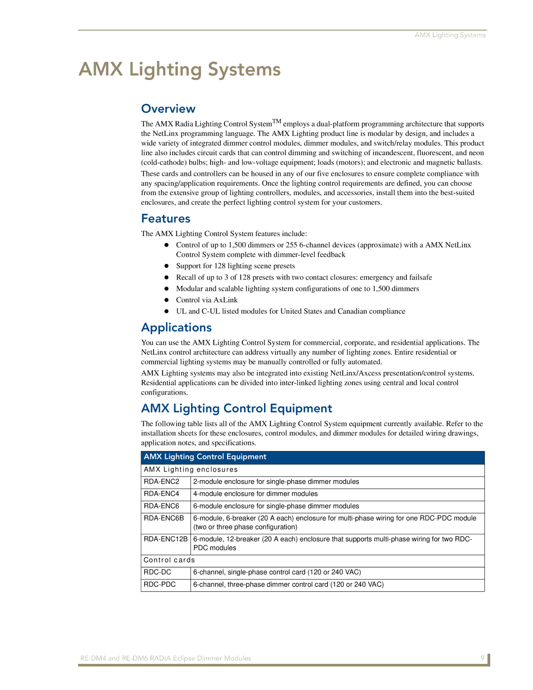 AMX RE-DM4, RE-DM6 manual Features, Applications, AMX Lighting Control Equipment, AMX Lighting enclosures 