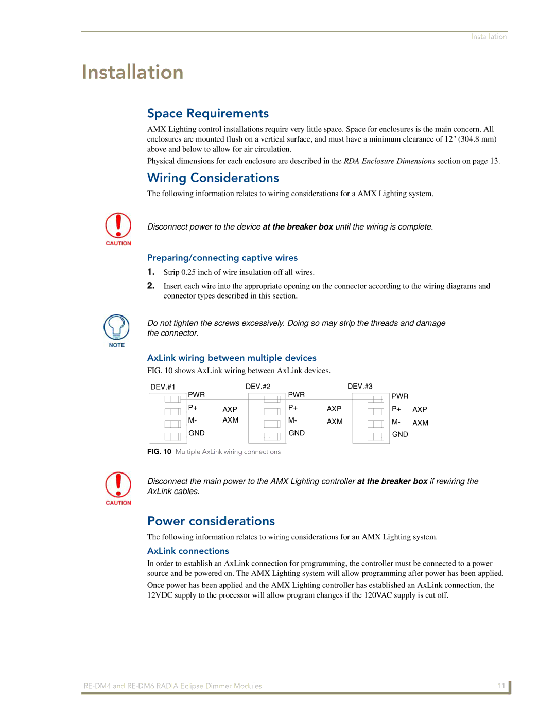 AMX RE-DM4, RE-DM6 manual Space Requirements, Wiring Considerations, Power considerations 