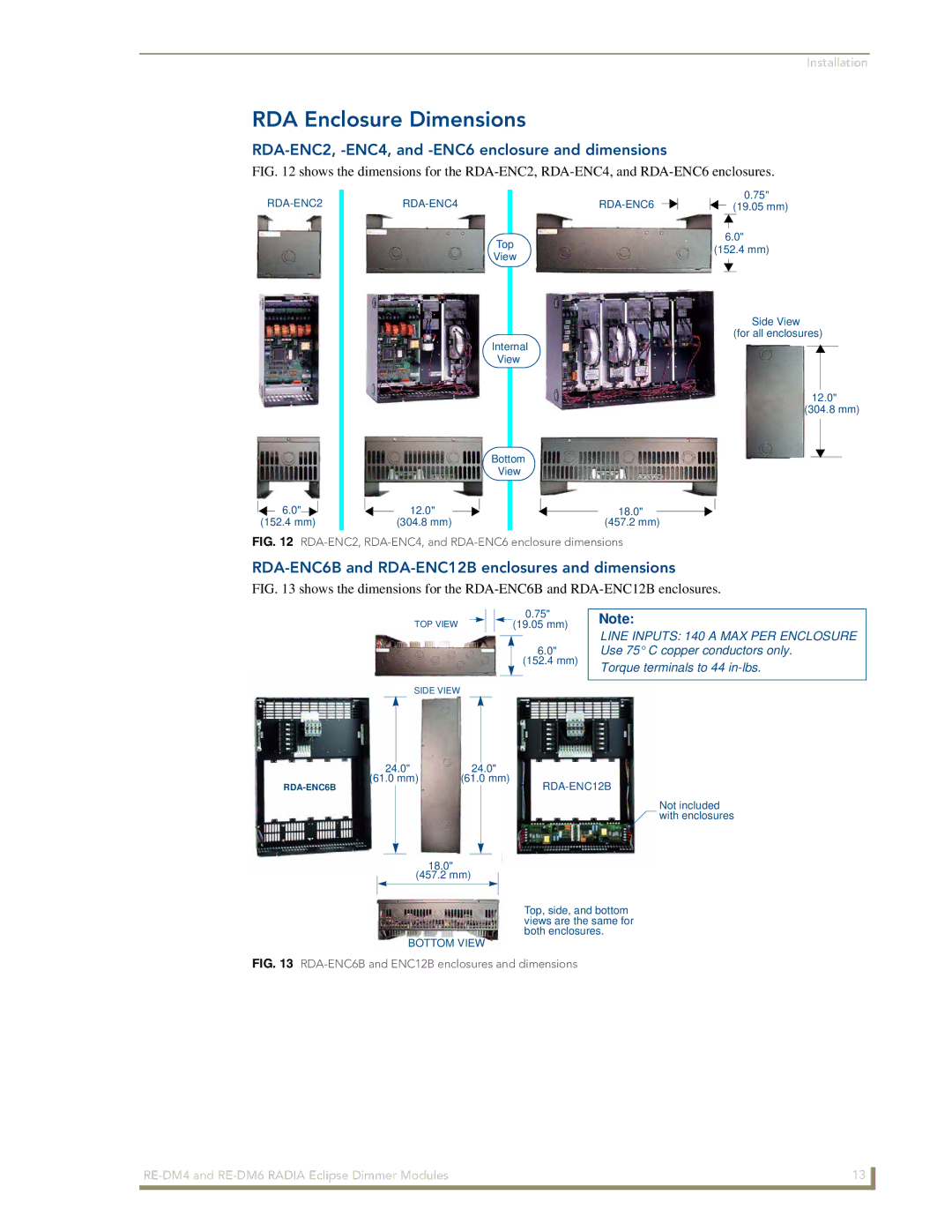 AMX RE-DM4, RE-DM6 manual RDA Enclosure Dimensions, RDA-ENC2, -ENC4, and -ENC6 enclosure and dimensions 