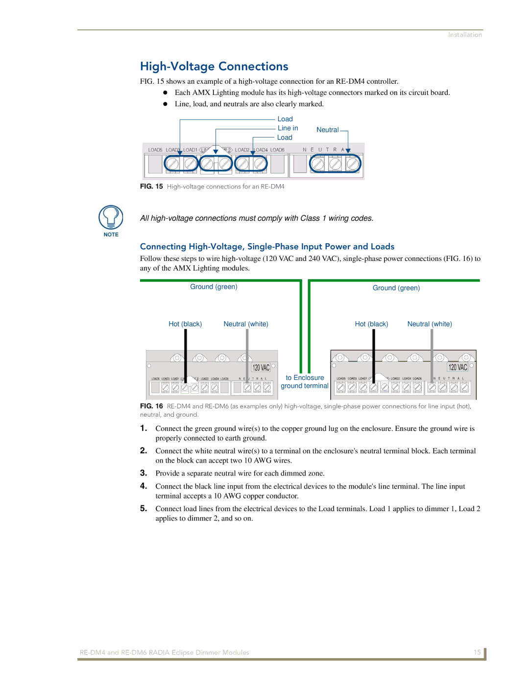 AMX RE-DM4, RE-DM6 manual High-Voltage Connections, Connecting High-Voltage, Single-Phase Input Power and Loads 