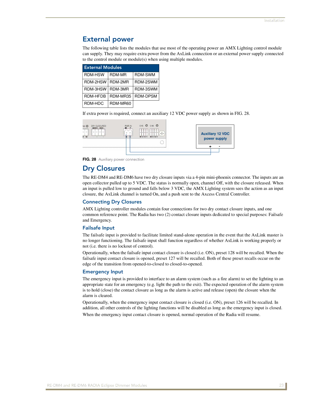 AMX RE-DM4, RE-DM6 manual External power, Connecting Dry Closures, Failsafe Input, Emergency Input 