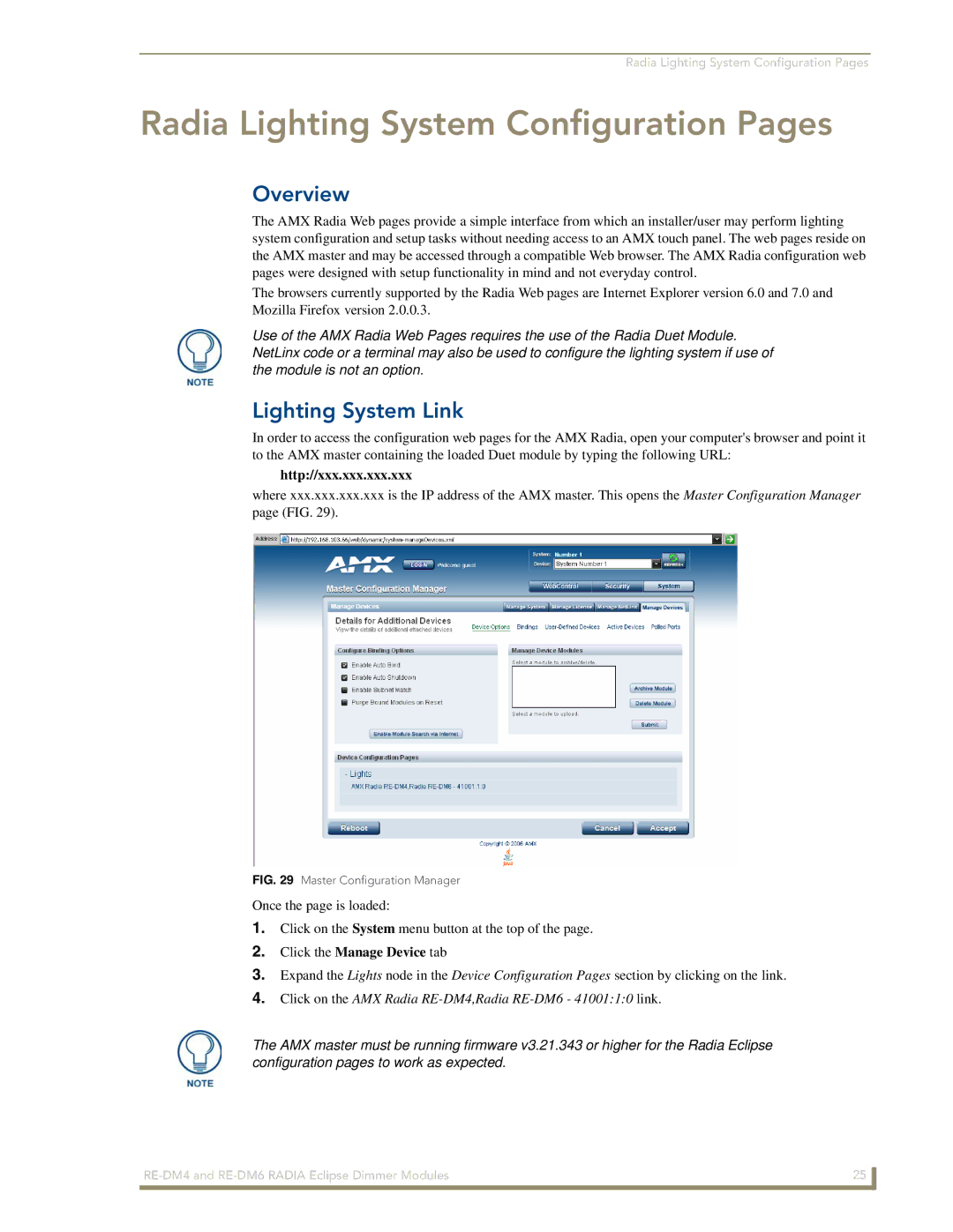 AMX RE-DM4, RE-DM6 manual Radia Lighting System Configuration Pages, Lighting System Link 