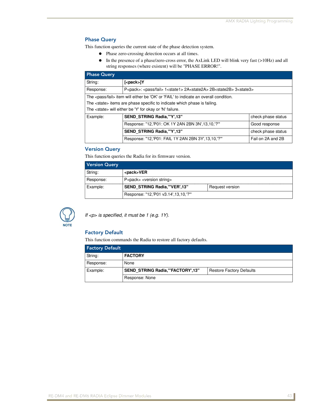 AMX RE-DM4, RE-DM6 manual Phase Query, Version Query, Factory Default 