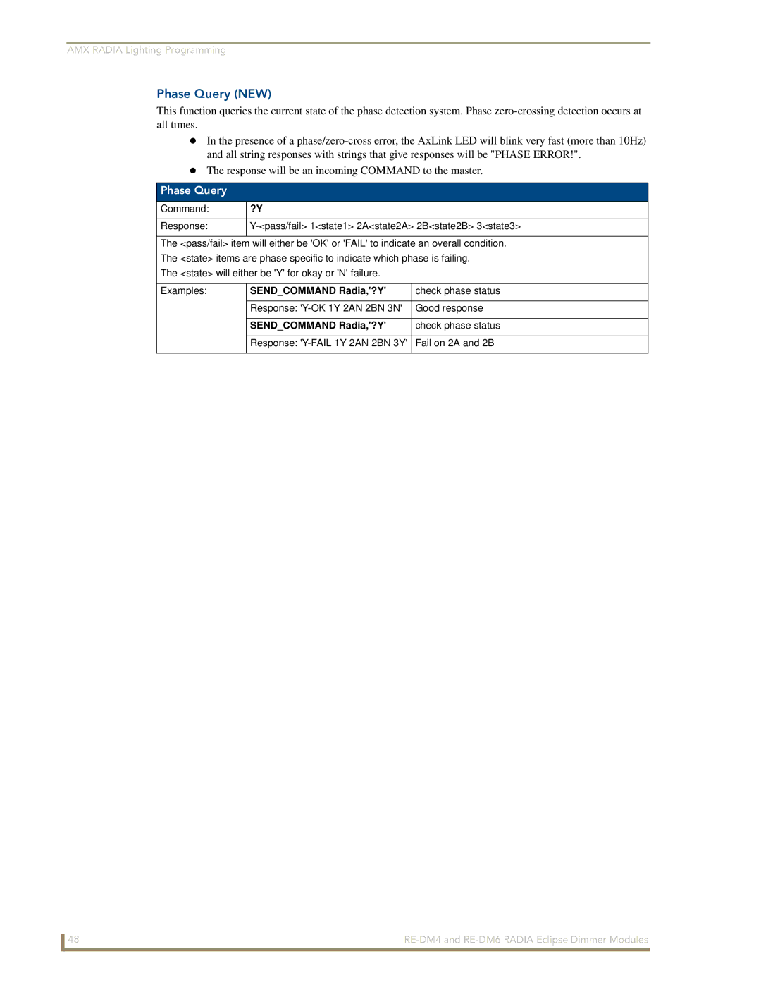 AMX RE-DM6, RE-DM4 manual Phase Query NEW, Sendcommand Radia,?Y 