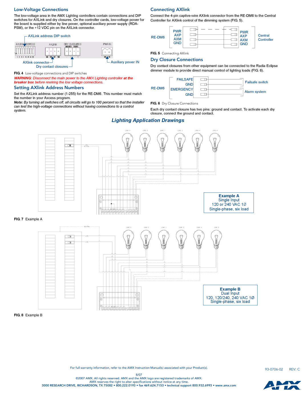 AMX RE-DM6 Low-Voltage Connections, Setting AXlink Address Numbers, Connecting AXlink, Dry Closure Connections 