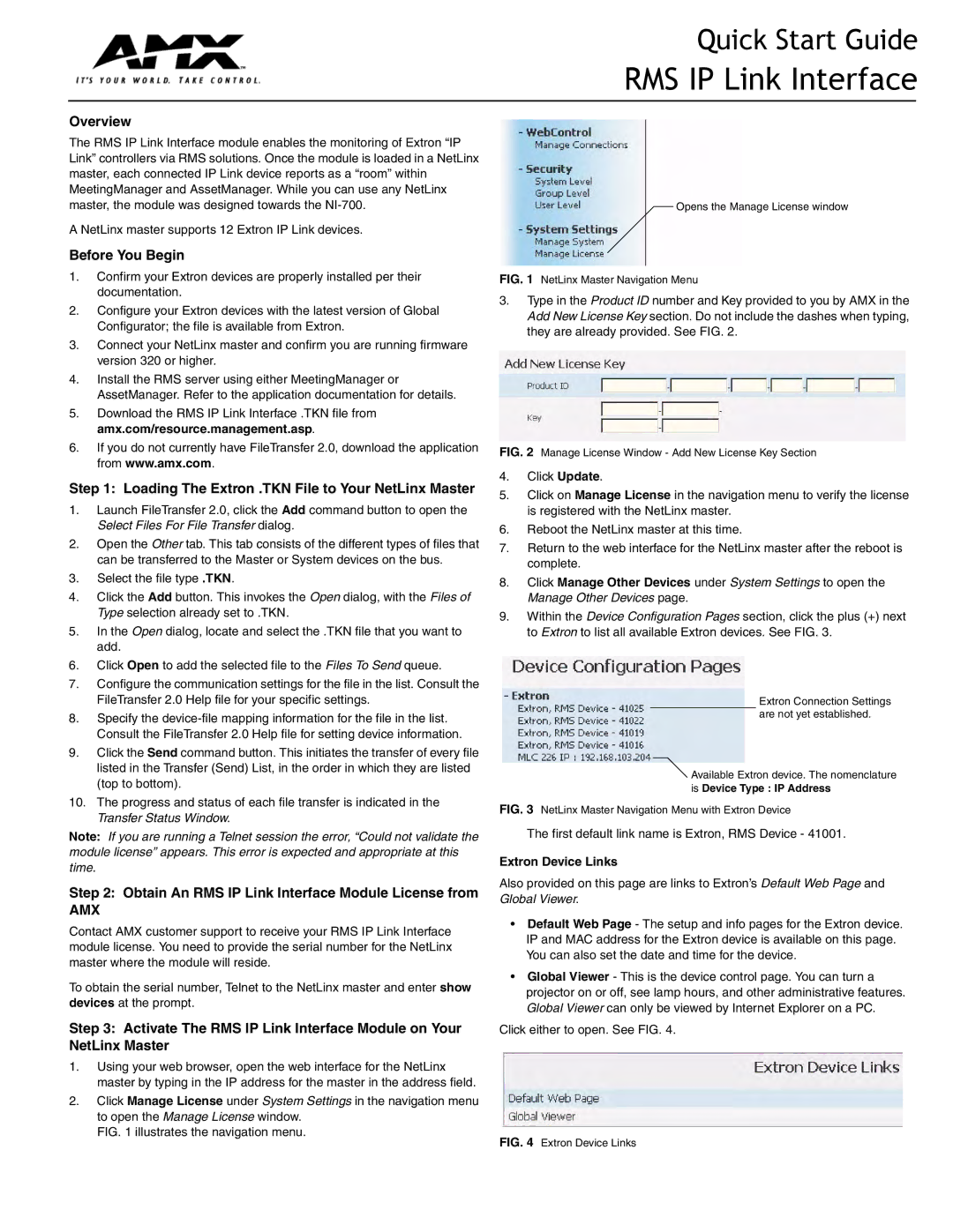 AMX quick start RMS IP Link Interface, Amx 