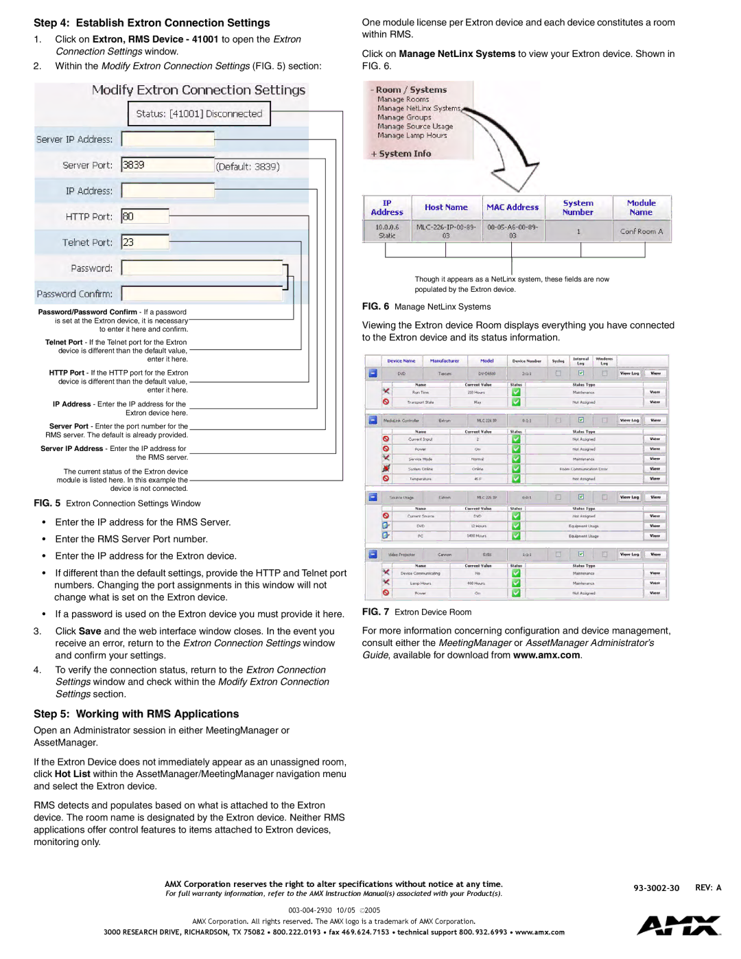 AMX quick start Establish Extron Connection Settings, Working with RMS Applications 