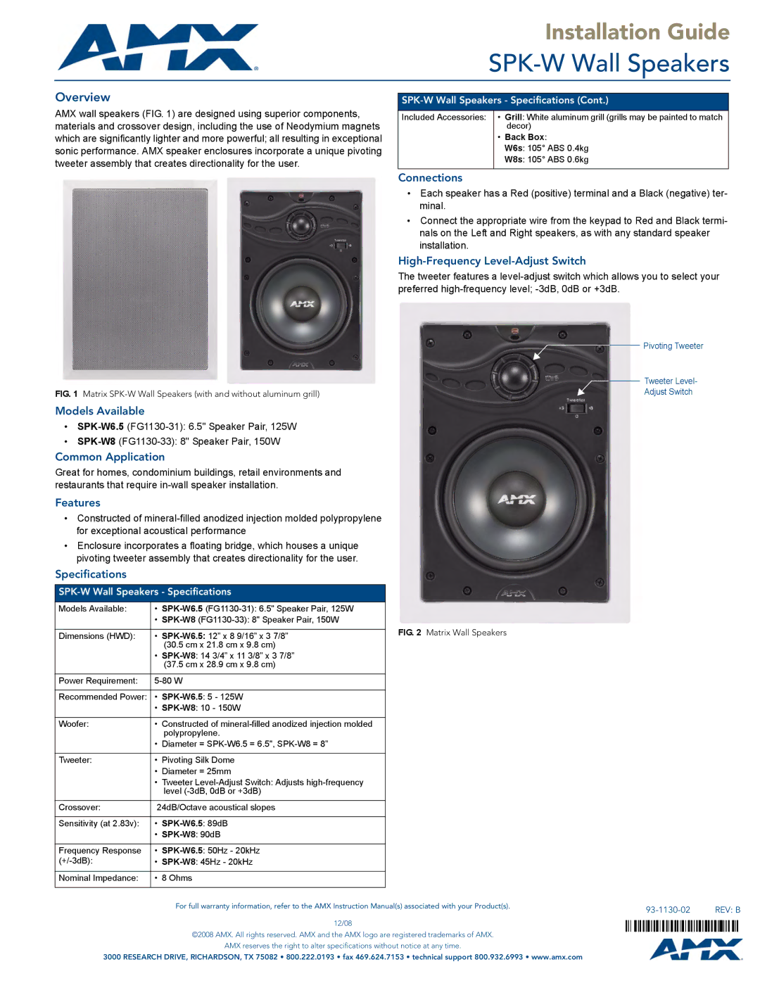 AMX SPK-W specifications Models Available, Common Application, Features, Specifications, Connections 