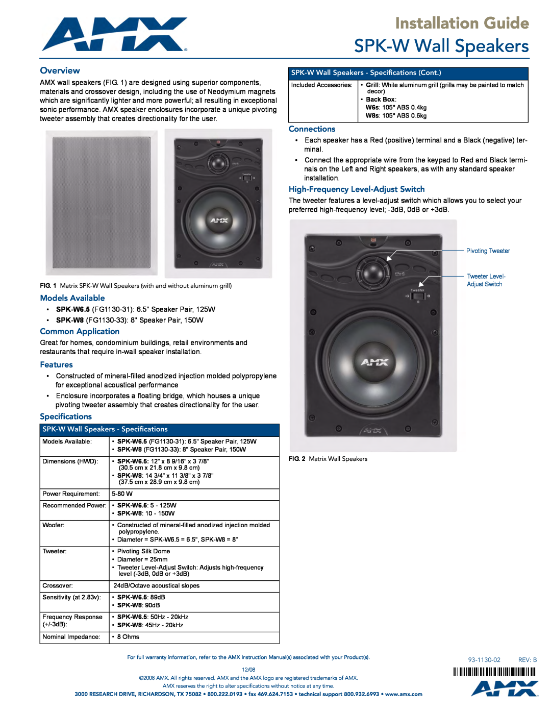 AMX specifications SPK-WWall Speakers, Installation Guide, Overview, Models Available, Common Application, Features 