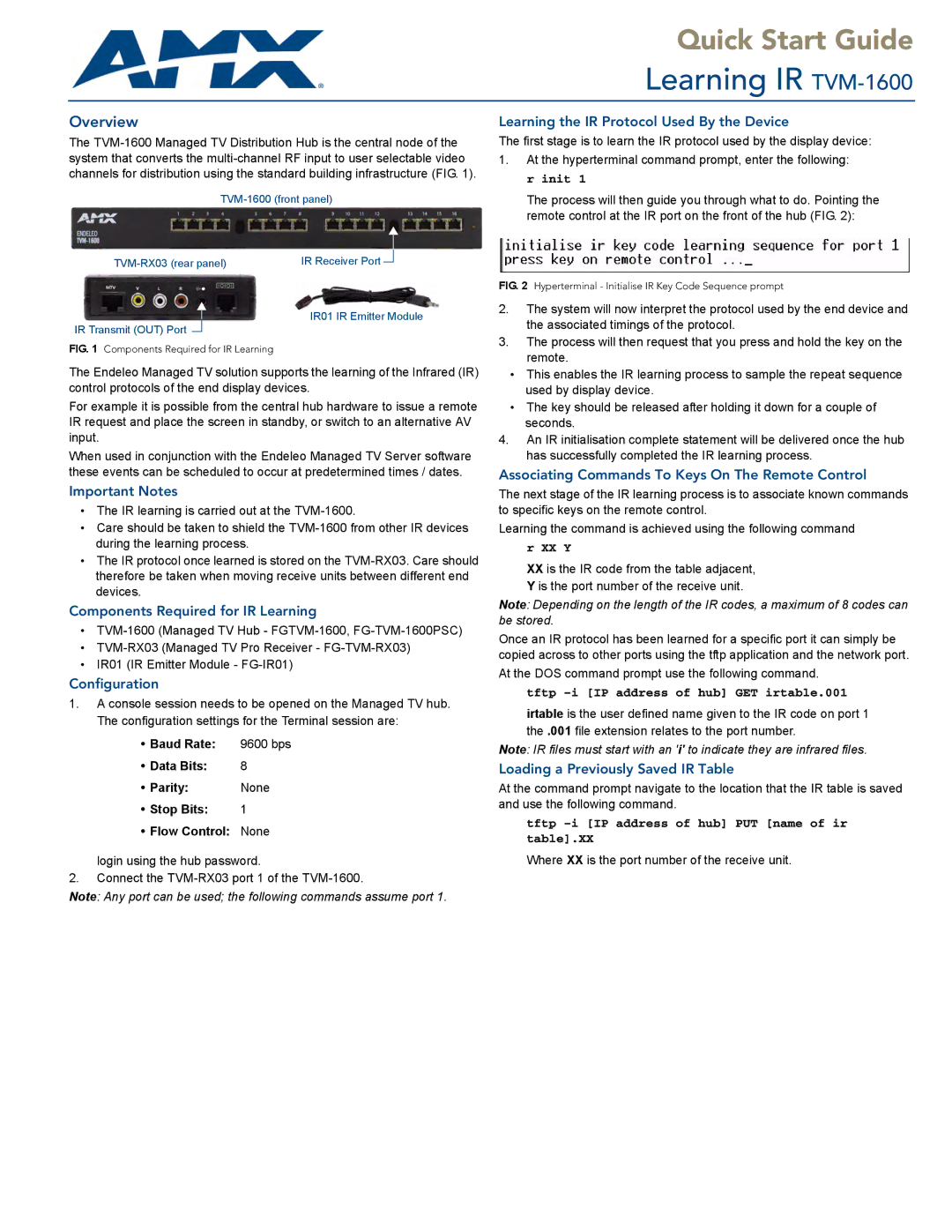 AMX TVM-1600 quick start Important Notes, Components Required for IR Learning, Configuration 