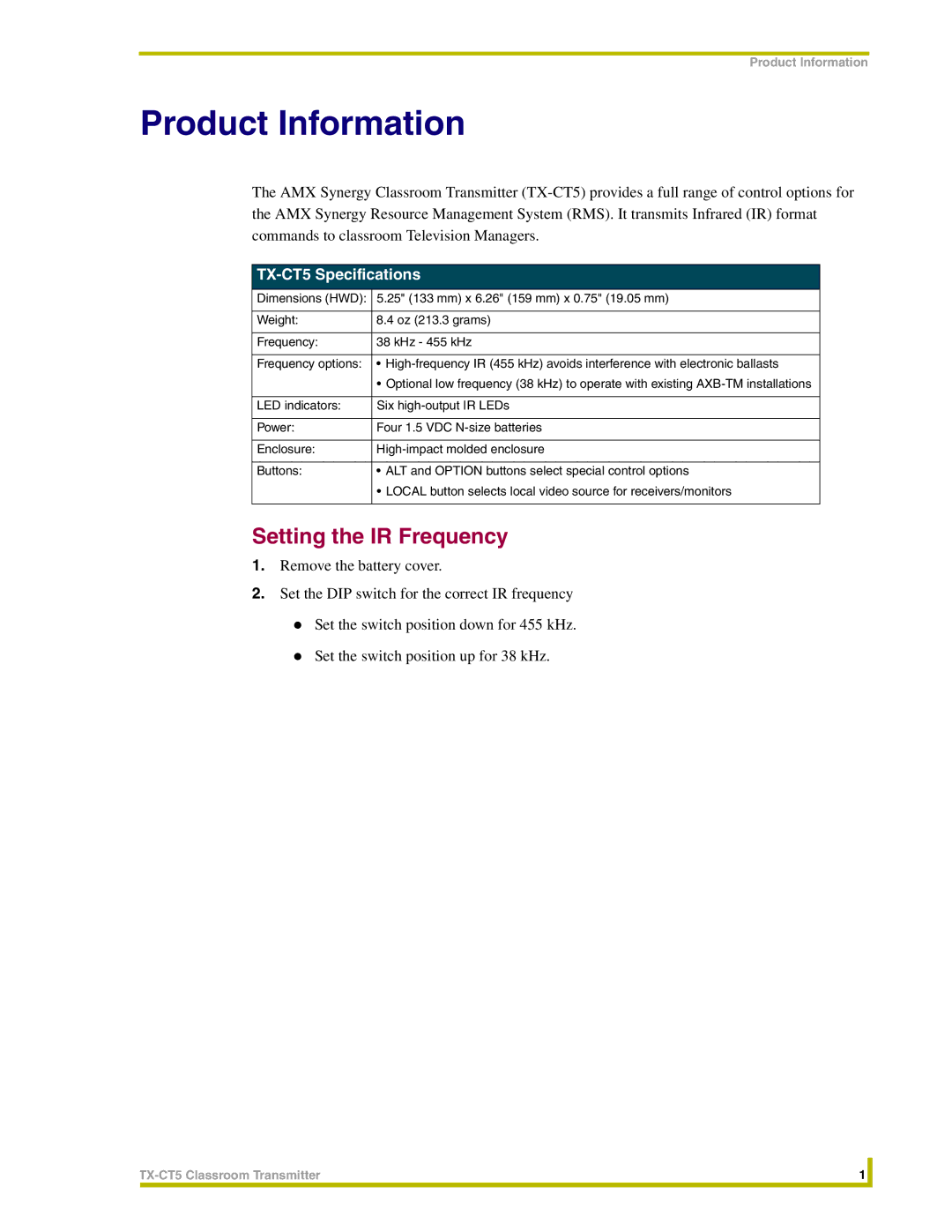 AMX TX-CT5 instruction manual Product Information, Setting the IR Frequency 