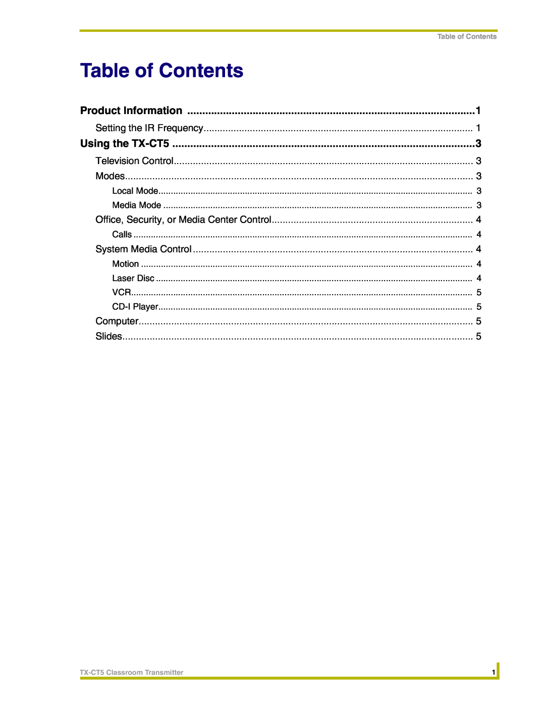 AMX instruction manual Table of Contents, Product Information, Using the TX-CT5 