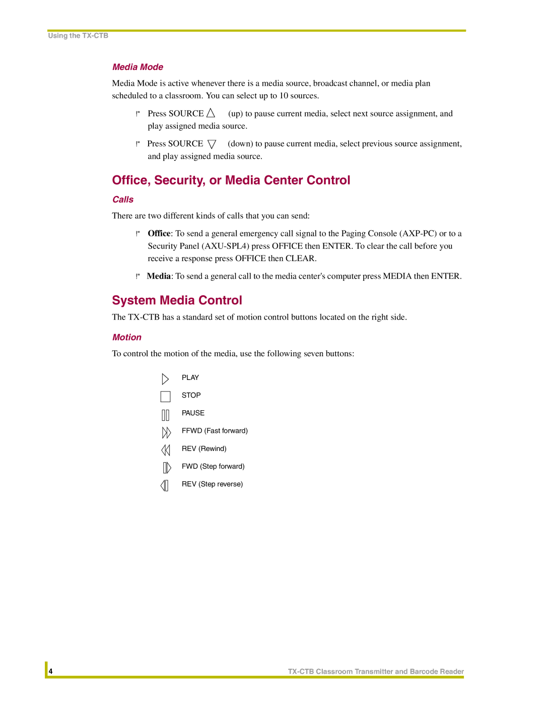 AMX TX-CTB instruction manual Office, Security, or Media Center Control, System Media Control, Media Mode, Calls, Motion 