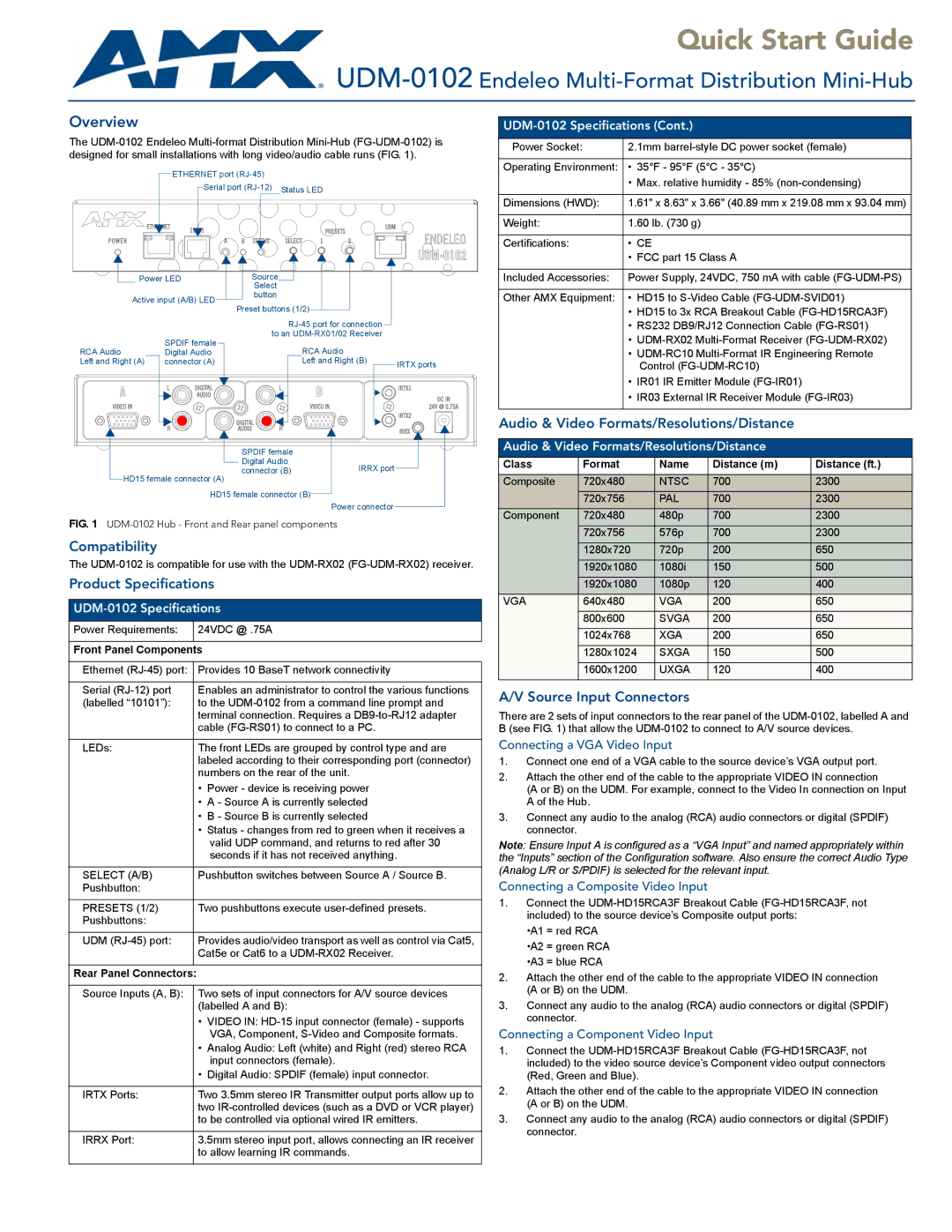 AMX UDM-0102 quick start Compatibility, Product Specifications, Audio & Video Formats/Resolutions/Distance 