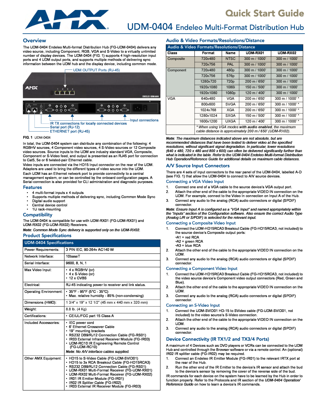AMX UDM-0404 quick start Features, Compatibility, Product Specifications, Audio & Video Formats/Resolutions/Distance, Name 