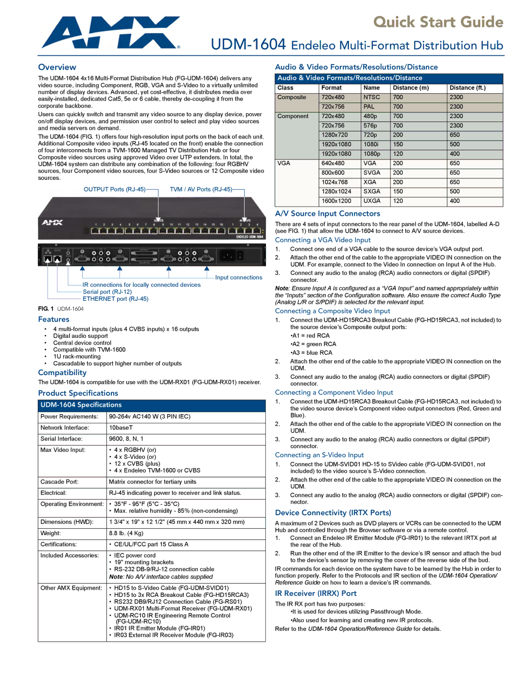 AMX UDM-1604 quick start Features, Compatibility, Audio & Video Formats/Resolutions/Distance, Source Input Connectors 