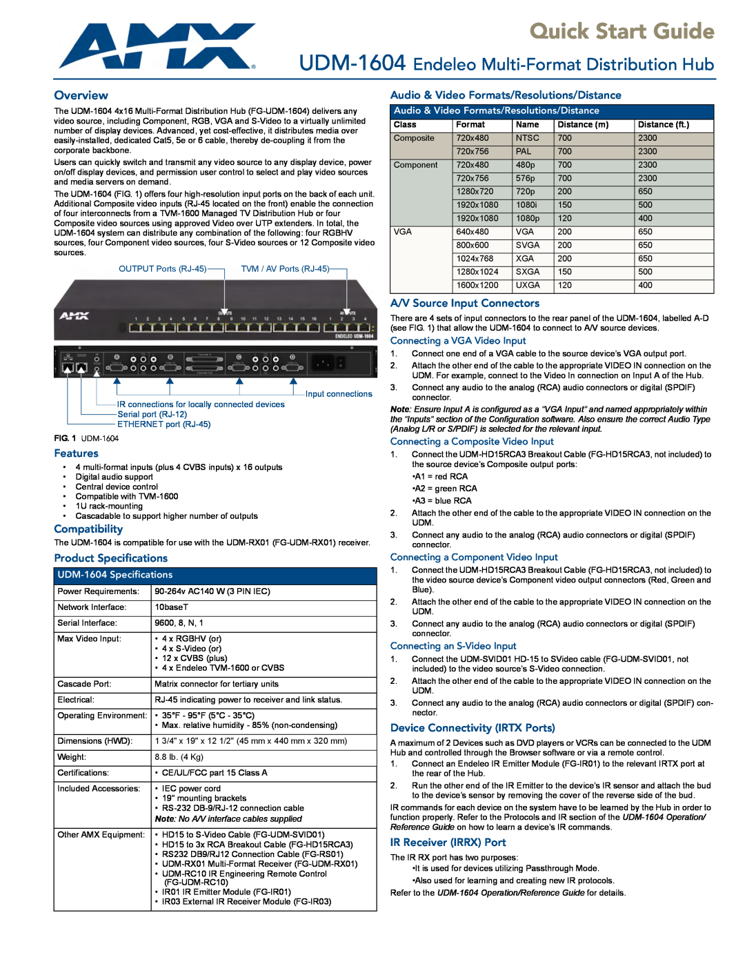 AMX UDM-1604 quick start Features, Compatibility, Audio & Video Formats/Resolutions/Distance, A/V Source Input Connectors 
