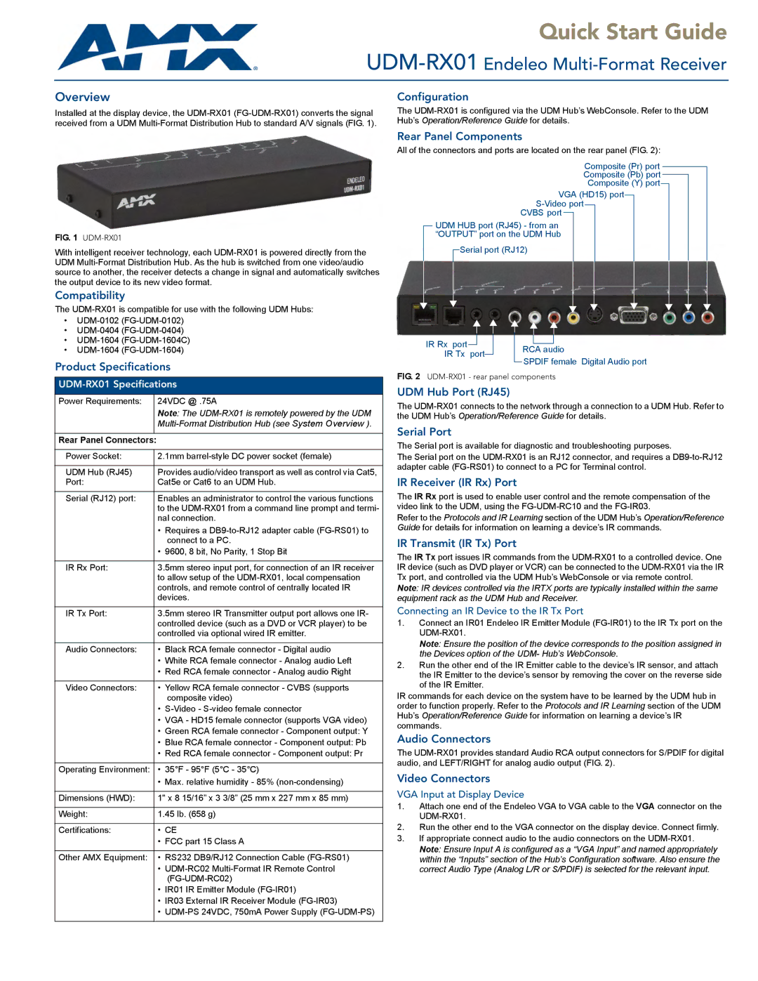 AMX UDM-RX01 quick start Configuration, Compatibility, Product Specifications, Rear Panel Components, UDM Hub Port RJ45 