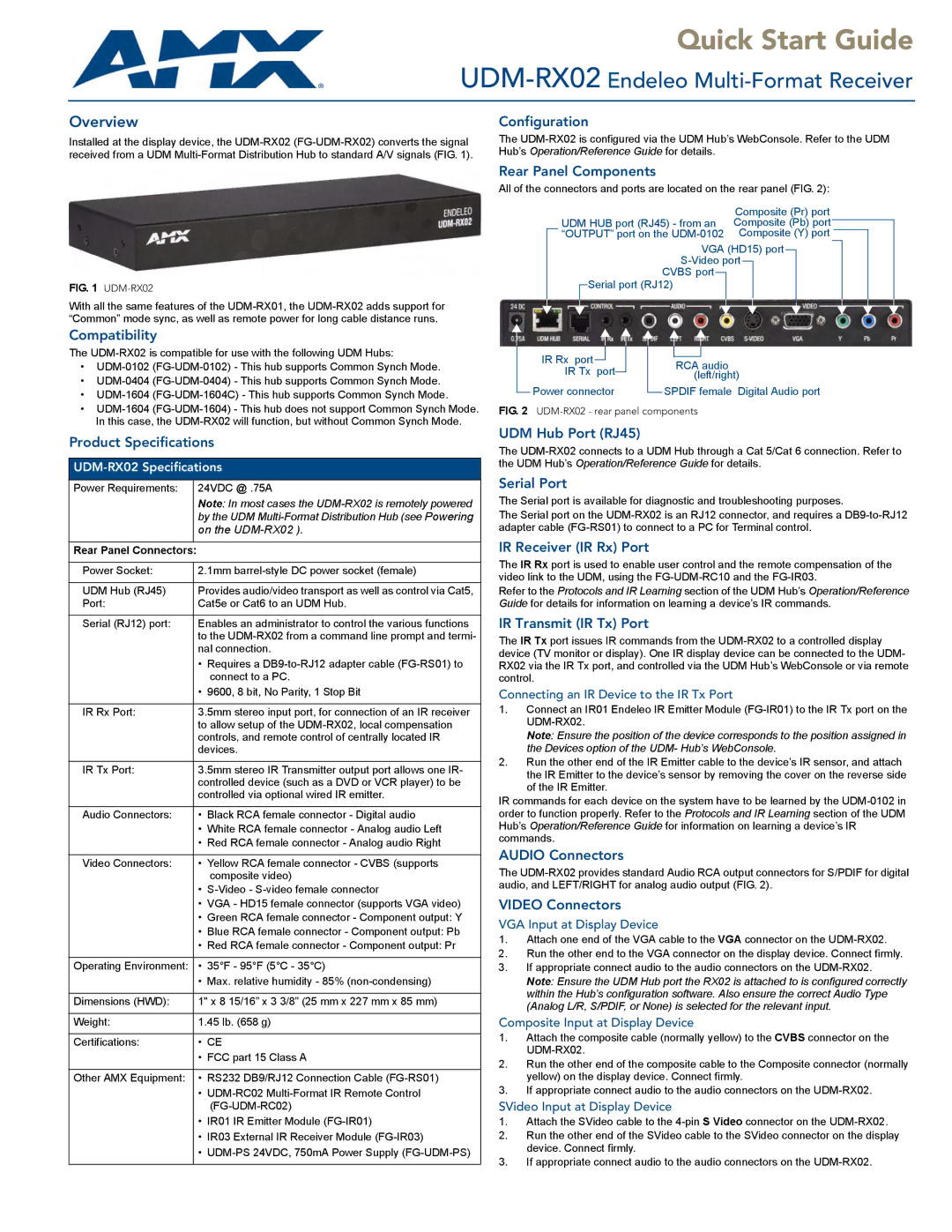 AMX UDM-RX02 quick start Configuration, Rear Panel Components, Compatibility, Product Specifications, UDM Hub Port RJ45 