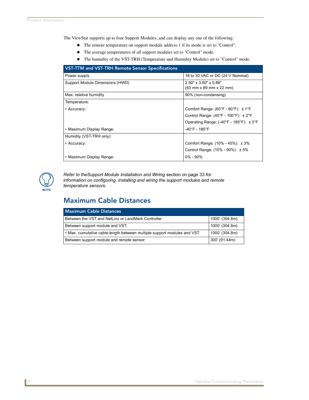 AMX ViewStat manual Maximum Cable Distances, VST-TTM and VST-TRH Remote Sensor Specifications 