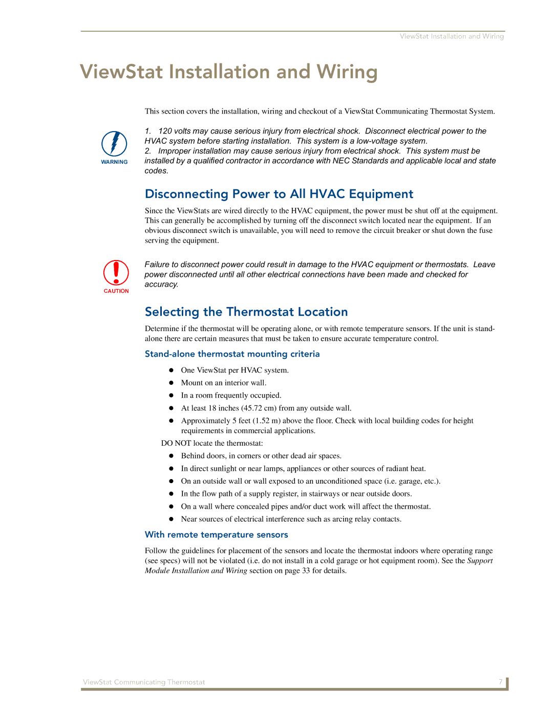 AMX ViewStat Disconnecting Power to All Hvac Equipment, Selecting the Thermostat Location, With remote temperature sensors 