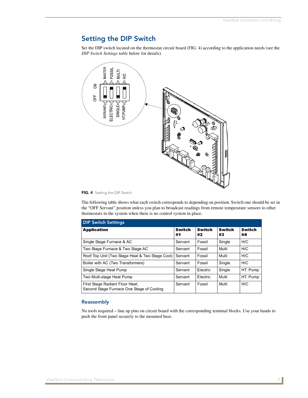 AMX ViewStat manual Setting the DIP Switch, Reassembly, DIP Switch Settings, Application Switch 