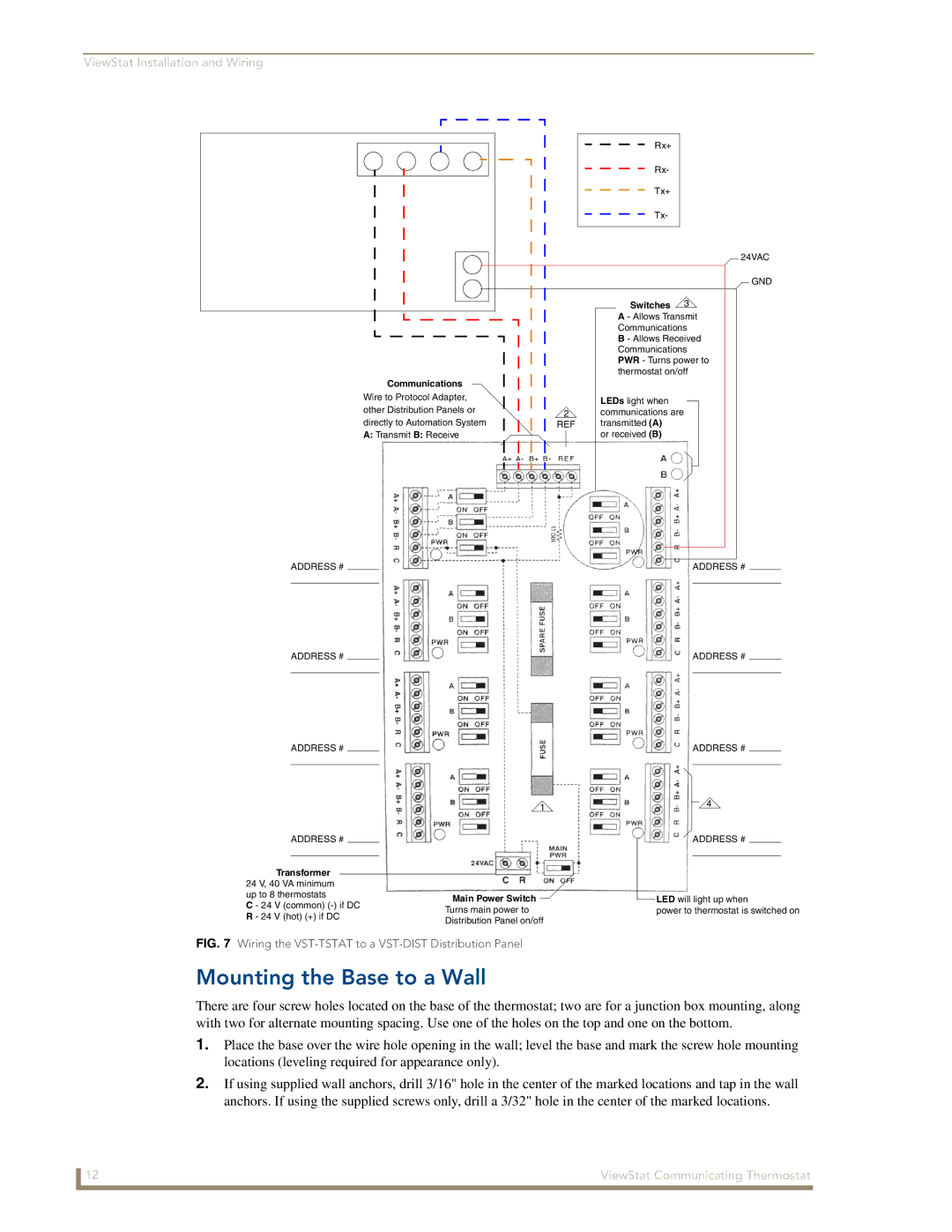 AMX ViewStat manual Mounting the Base to a Wall, Communications 