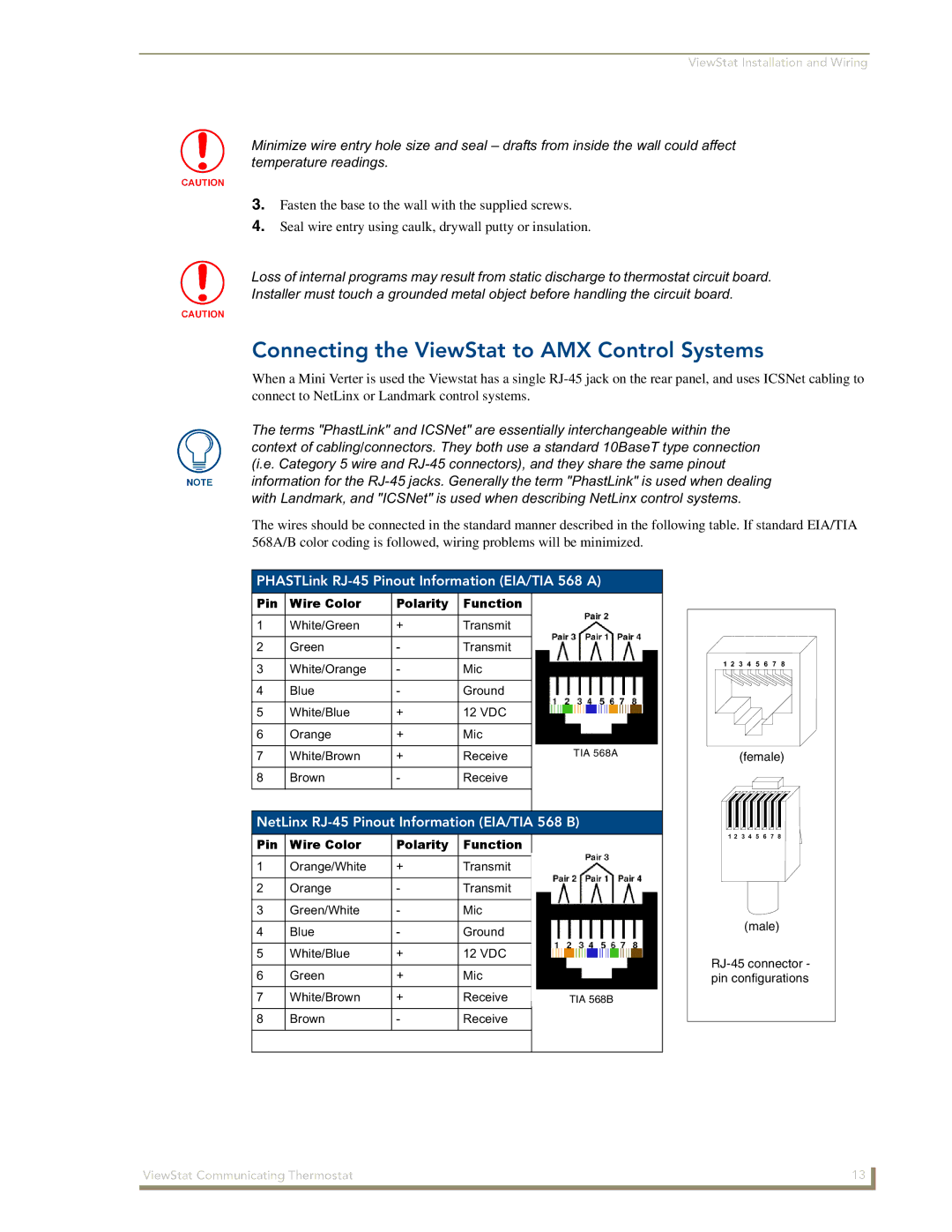 AMX manual Connecting the ViewStat to AMX Control Systems, PHASTLink RJ-45 Pinout Information EIA/TIA 568 a 