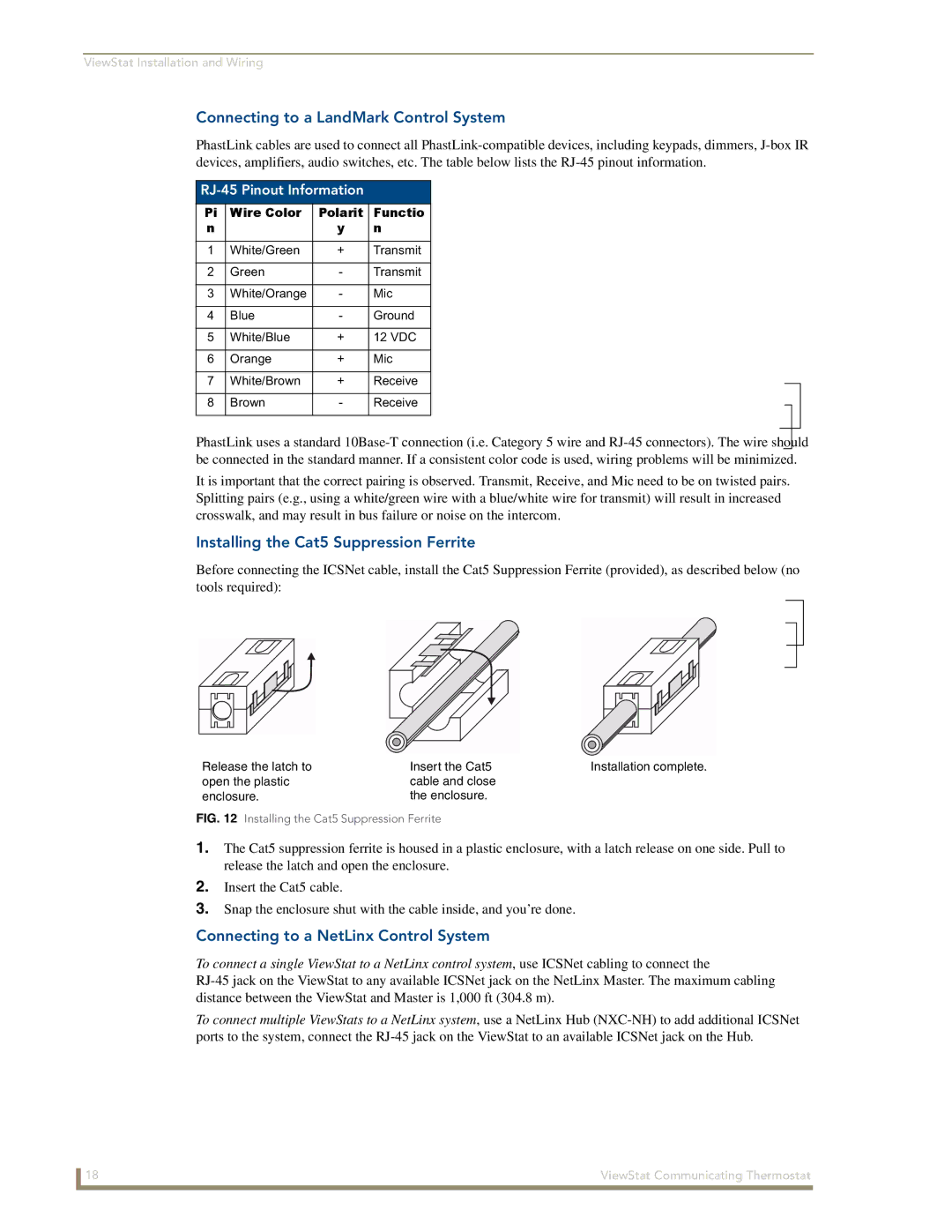 AMX ViewStat Connecting to a LandMark Control System, Installing the Cat5 Suppression Ferrite, RJ-45 Pinout Information 