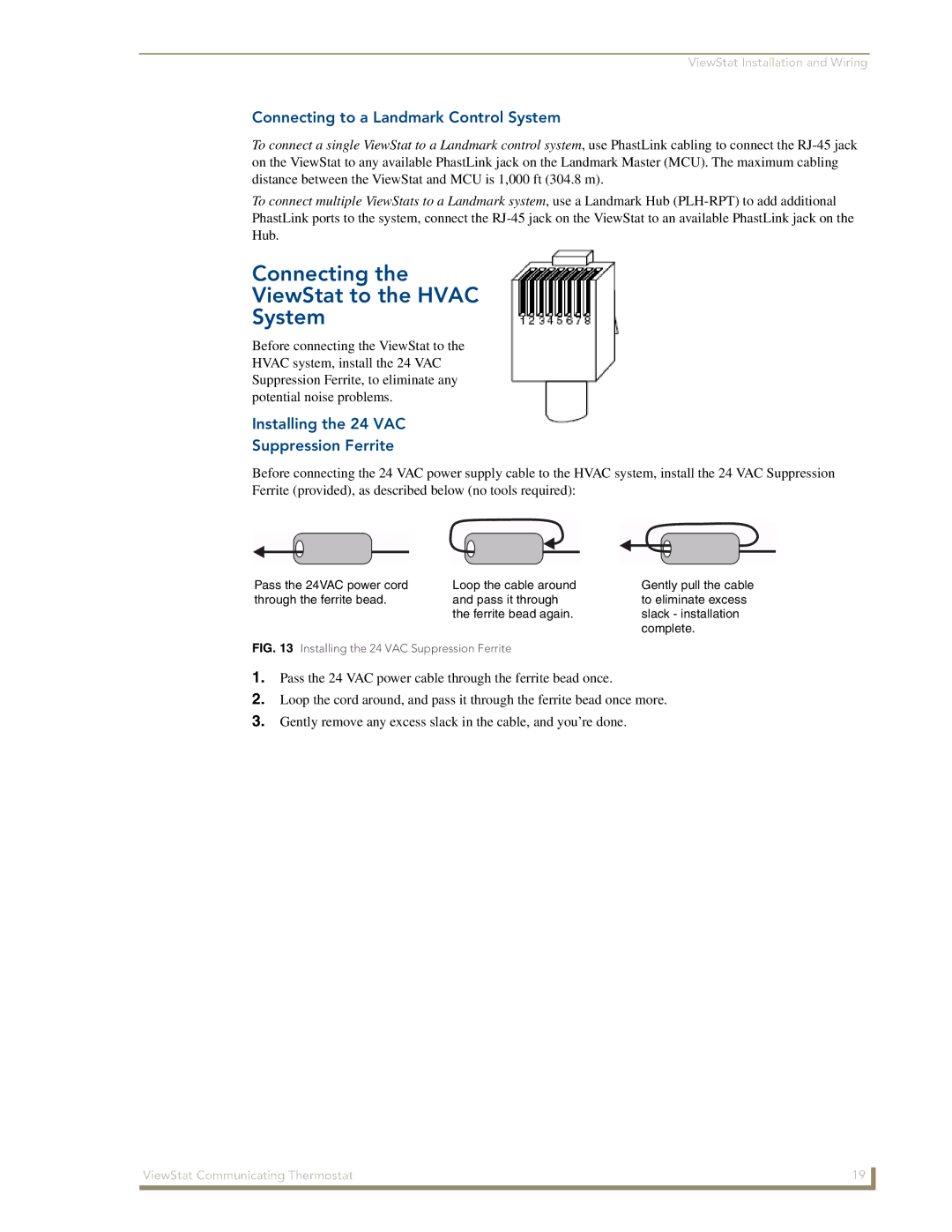 AMX manual Connecting ViewStat to the Hvac System, Installing the 24 VAC Suppression Ferrite 