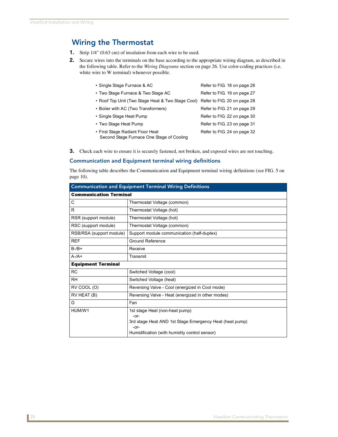 AMX ViewStat manual Wiring the Thermostat, Communication and Equipment terminal wiring definitions, Communication Terminal 