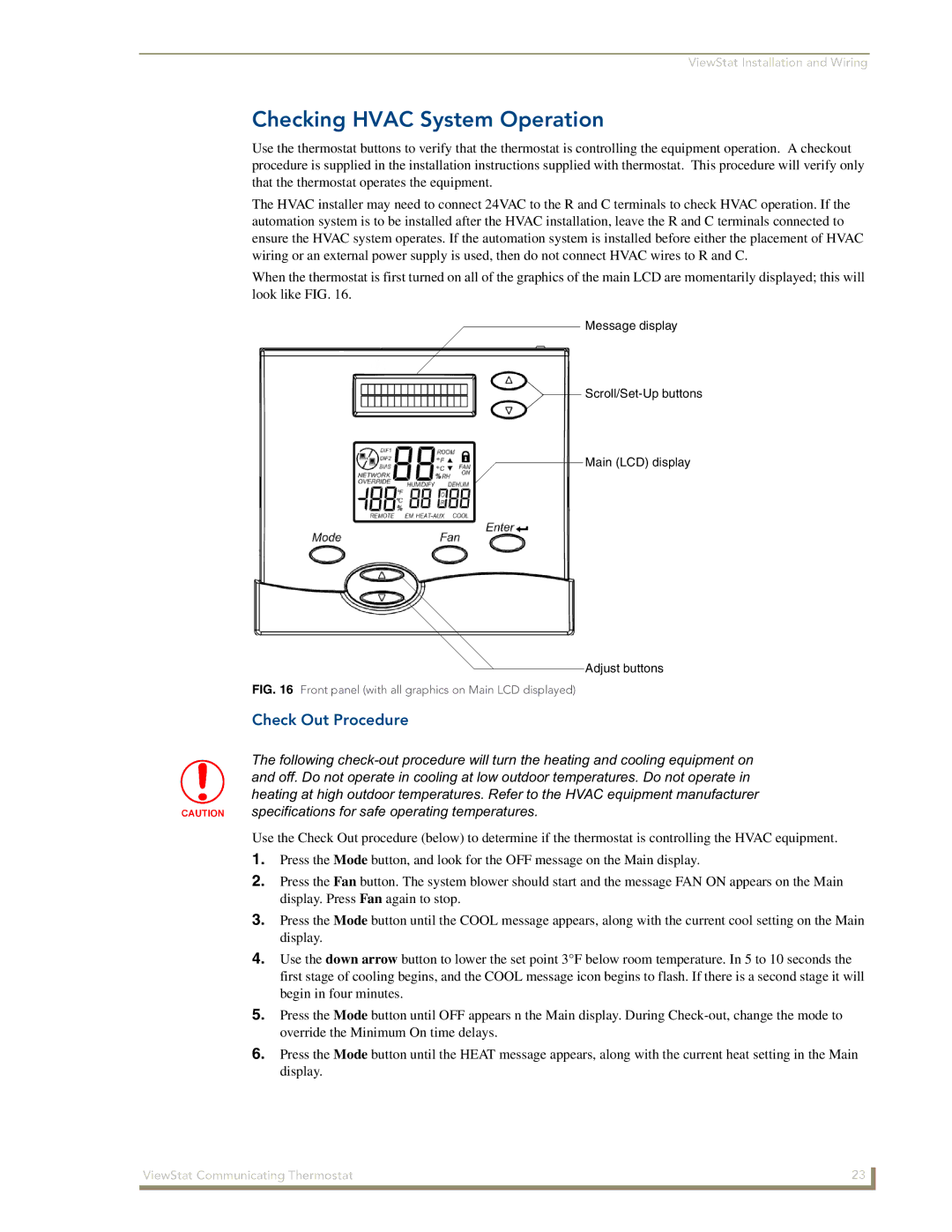 AMX ViewStat manual Checking Hvac System Operation, Check Out Procedure 