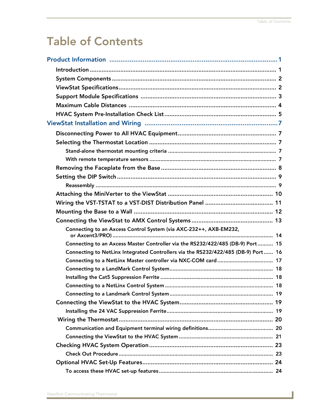 AMX ViewStat manual Table of Contents 