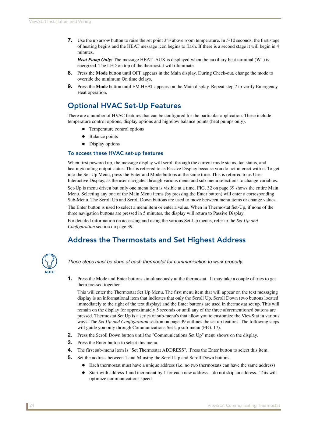 AMX ViewStat manual Optional Hvac Set-Up Features, Address the Thermostats and Set Highest Address 