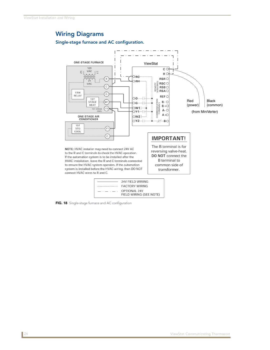 AMX ViewStat manual Wiring Diagrams, Single-stage furnace and AC configuration 