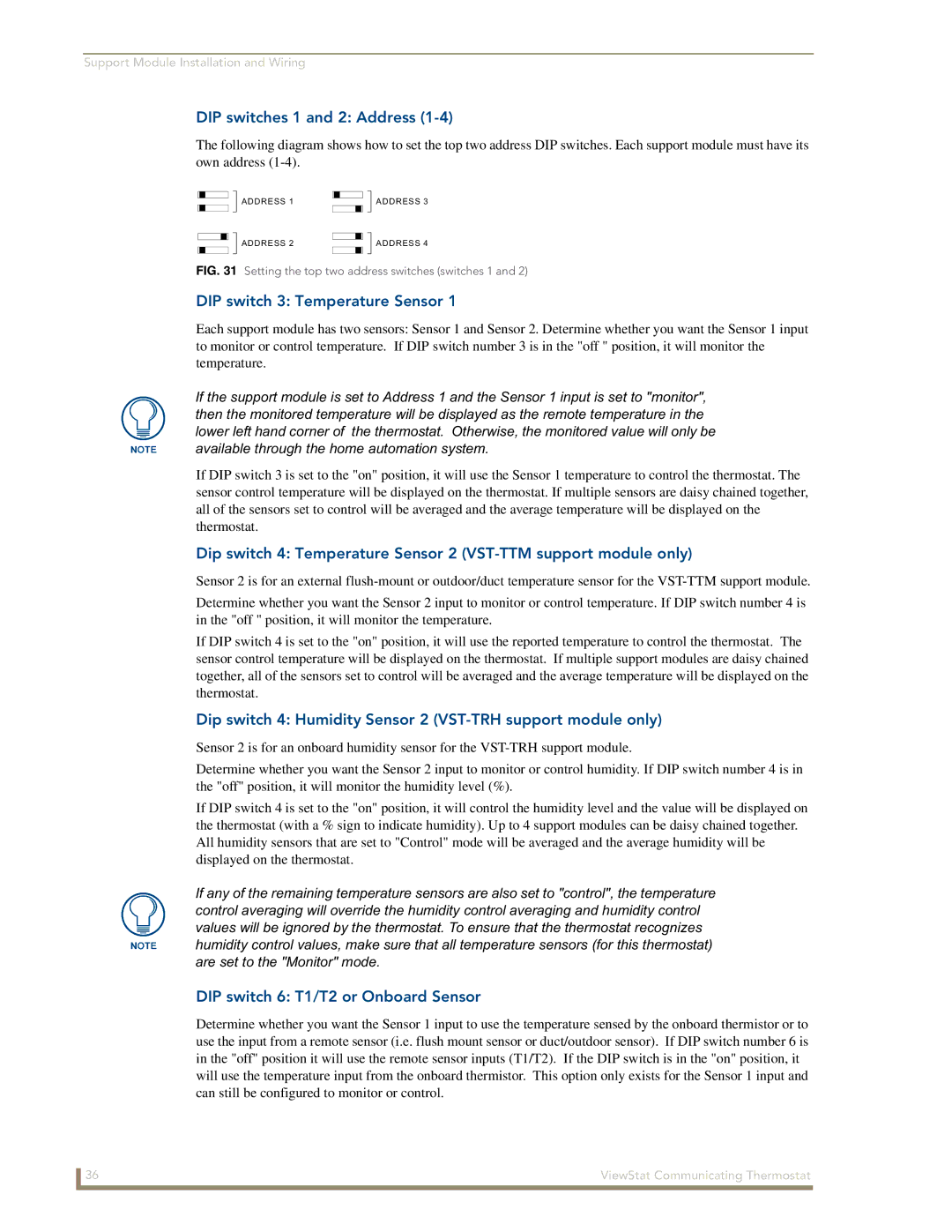 AMX ViewStat manual DIP switches 1 and 2 Address, DIP switch 3 Temperature Sensor, DIP switch 6 T1/T2 or Onboard Sensor 