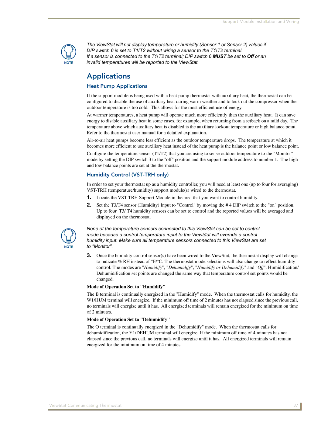 AMX ViewStat manual Heat Pump Applications, Humidity Control VST-TRH only 